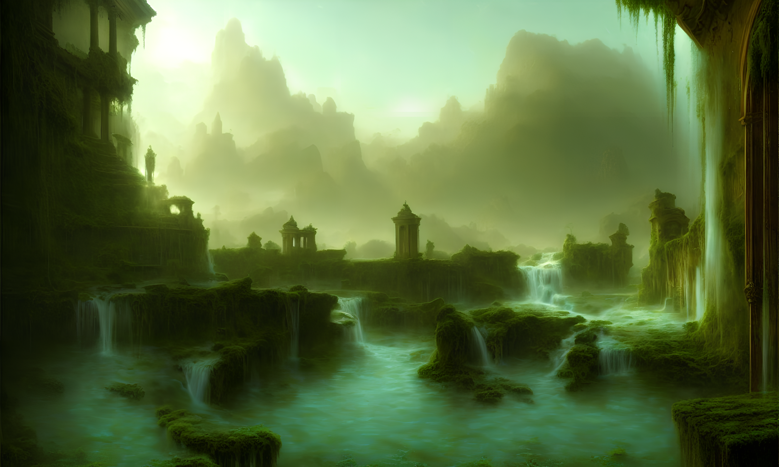 Ancient Ancient City AiArt Stable Diffusion Green Moss Ruins Landscape 3200x1920