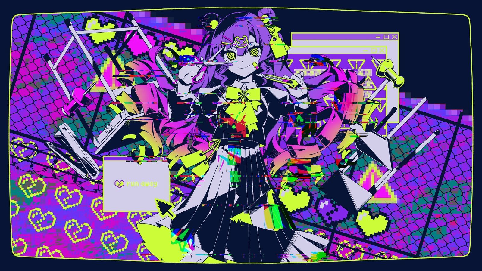 Vocaloid Nounoknown Anime Girls Scissors Knife Schoolgirl School Uniform Heart Colorful 1600x901