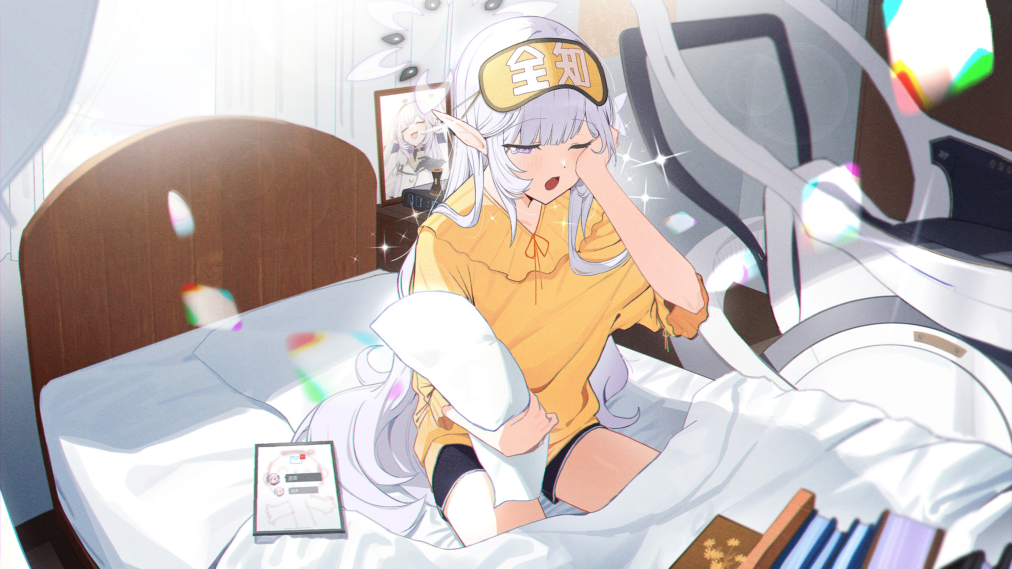 Anime Anime Girls Bed One Eye Closed Yawning Pointy Ears Long Hair Pillow In Bed Stars Sunlight Tabl 4000x2251