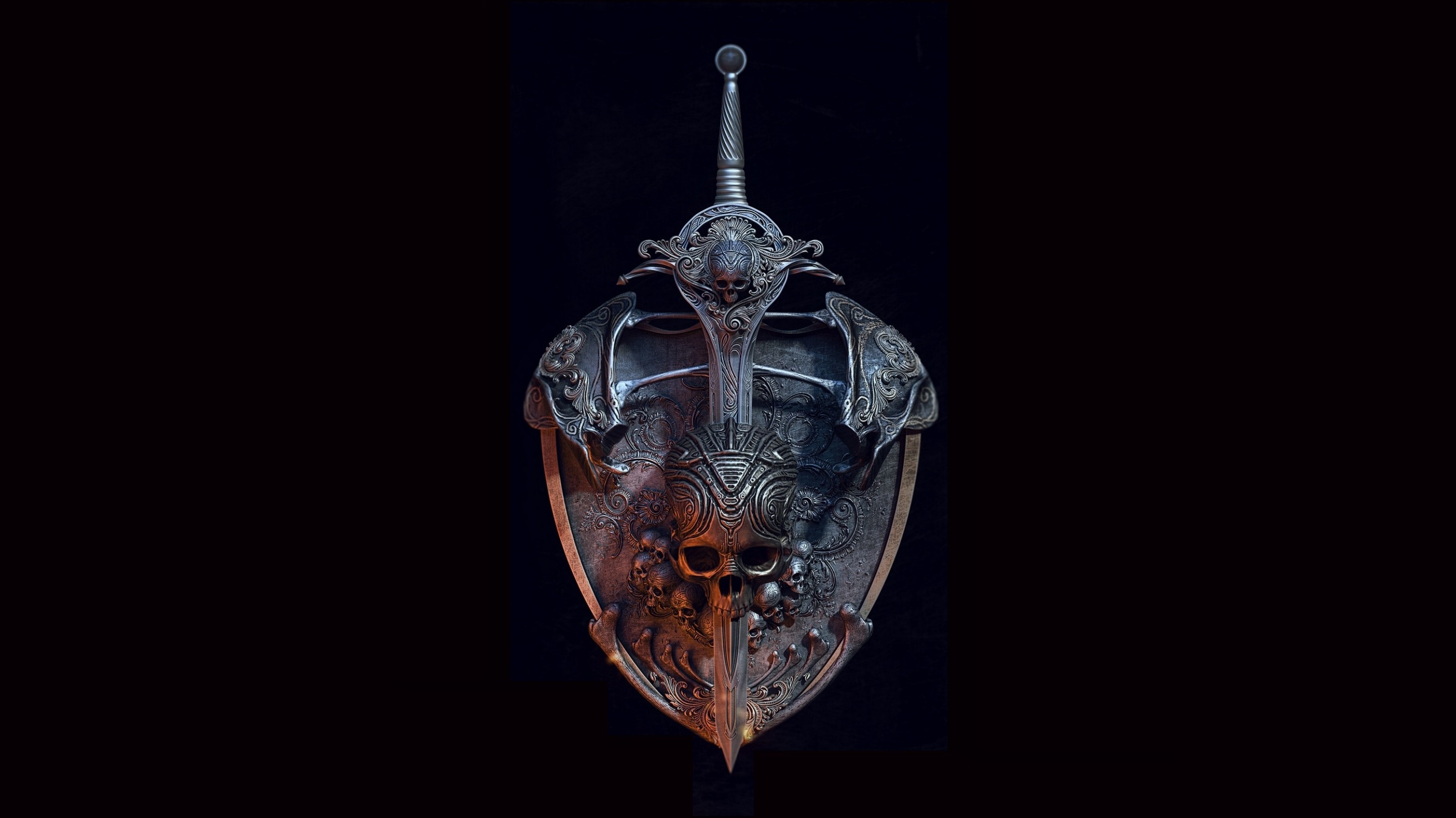 Shield Simple Background Sword Black Background Digital Art Minimalism Skull Coat Of Arms 2915x1639