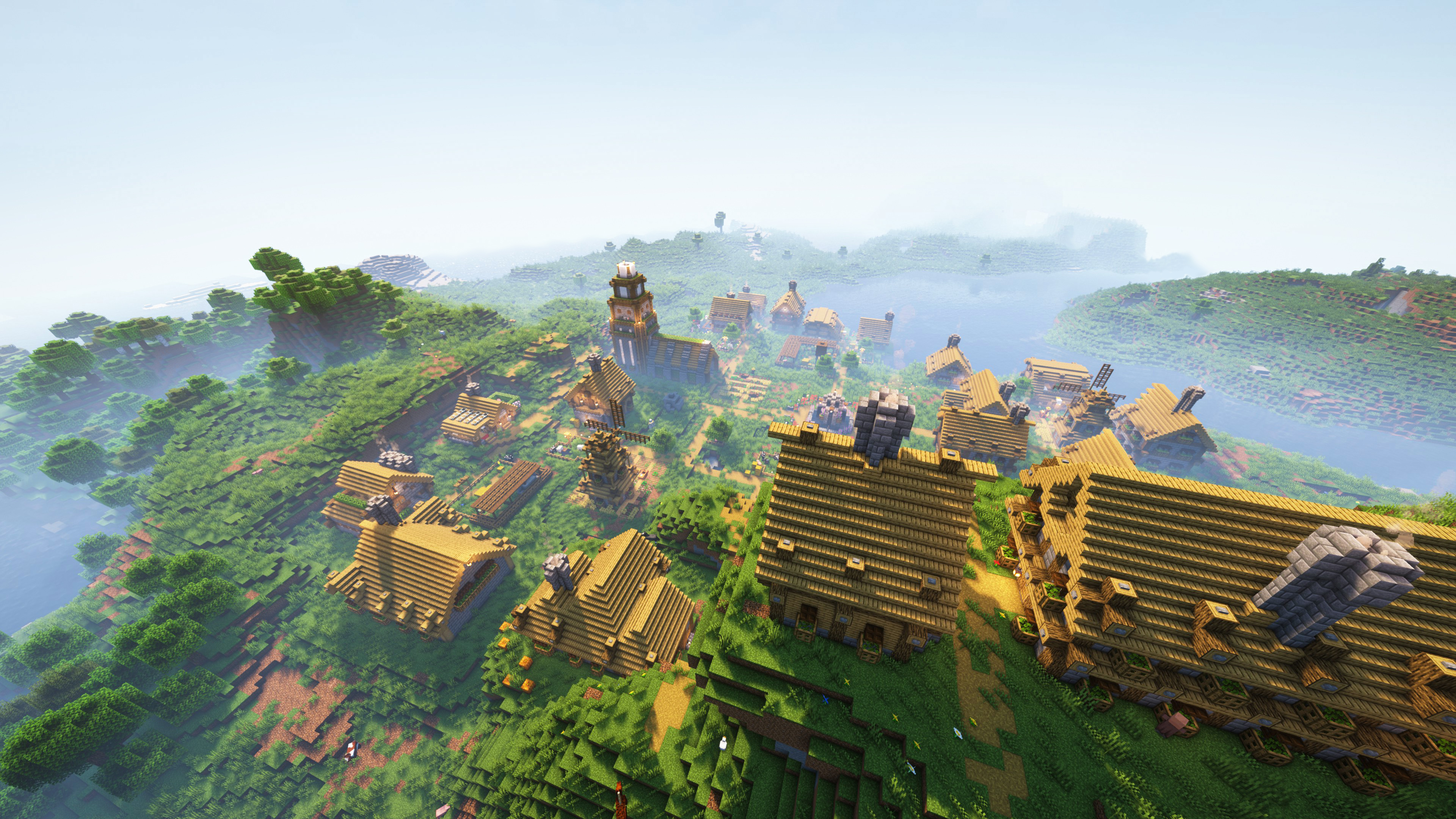 Village Minecraft Overlook Farm Video Games Cube Landscape Trees Mist Water Forest House Building CG 3840x2160