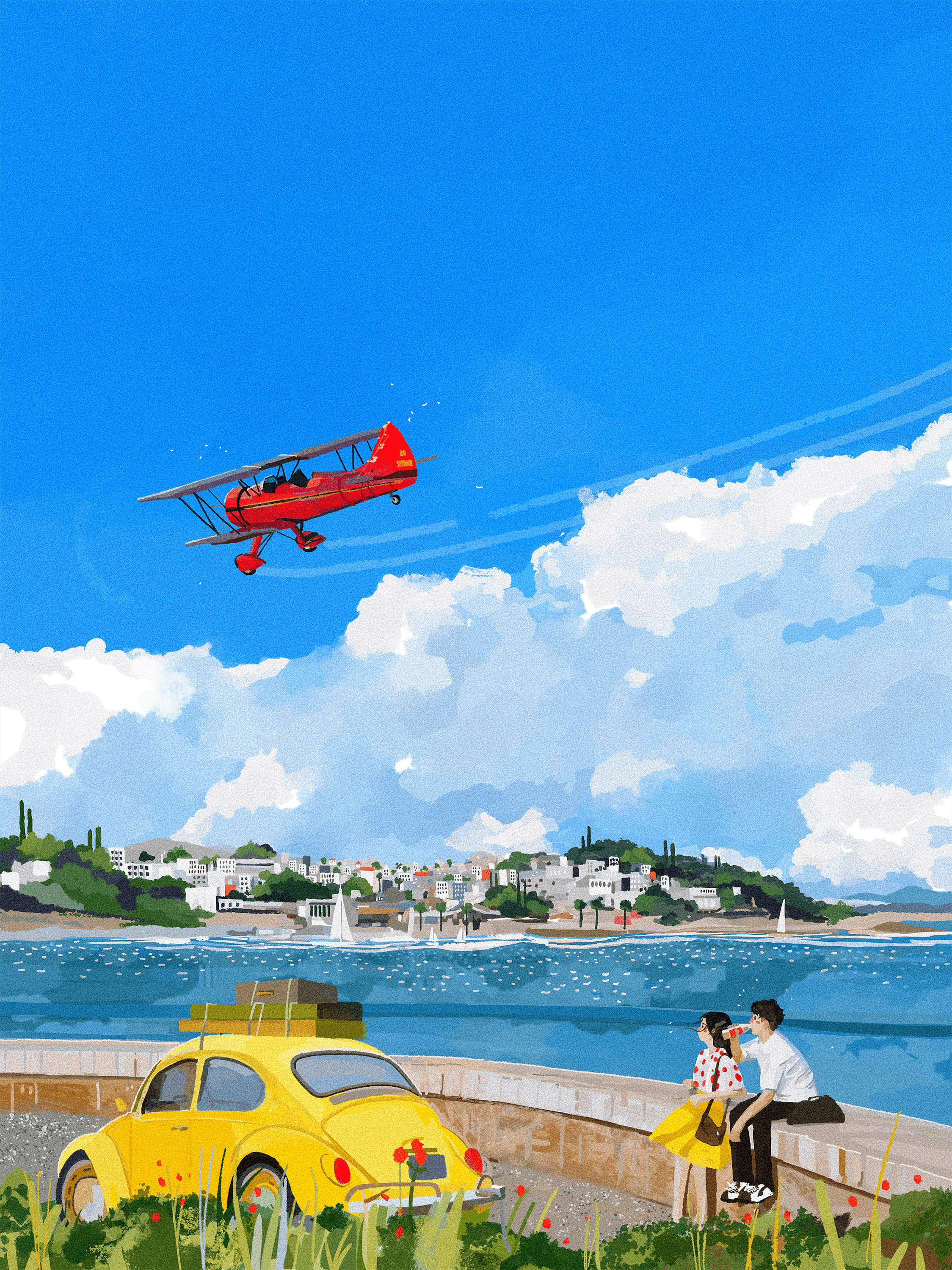 Tito Merello Digital Art Artwork Illustration Landscape Clouds Vehicle Car Couple Sea Airplane Yello 2249x3000