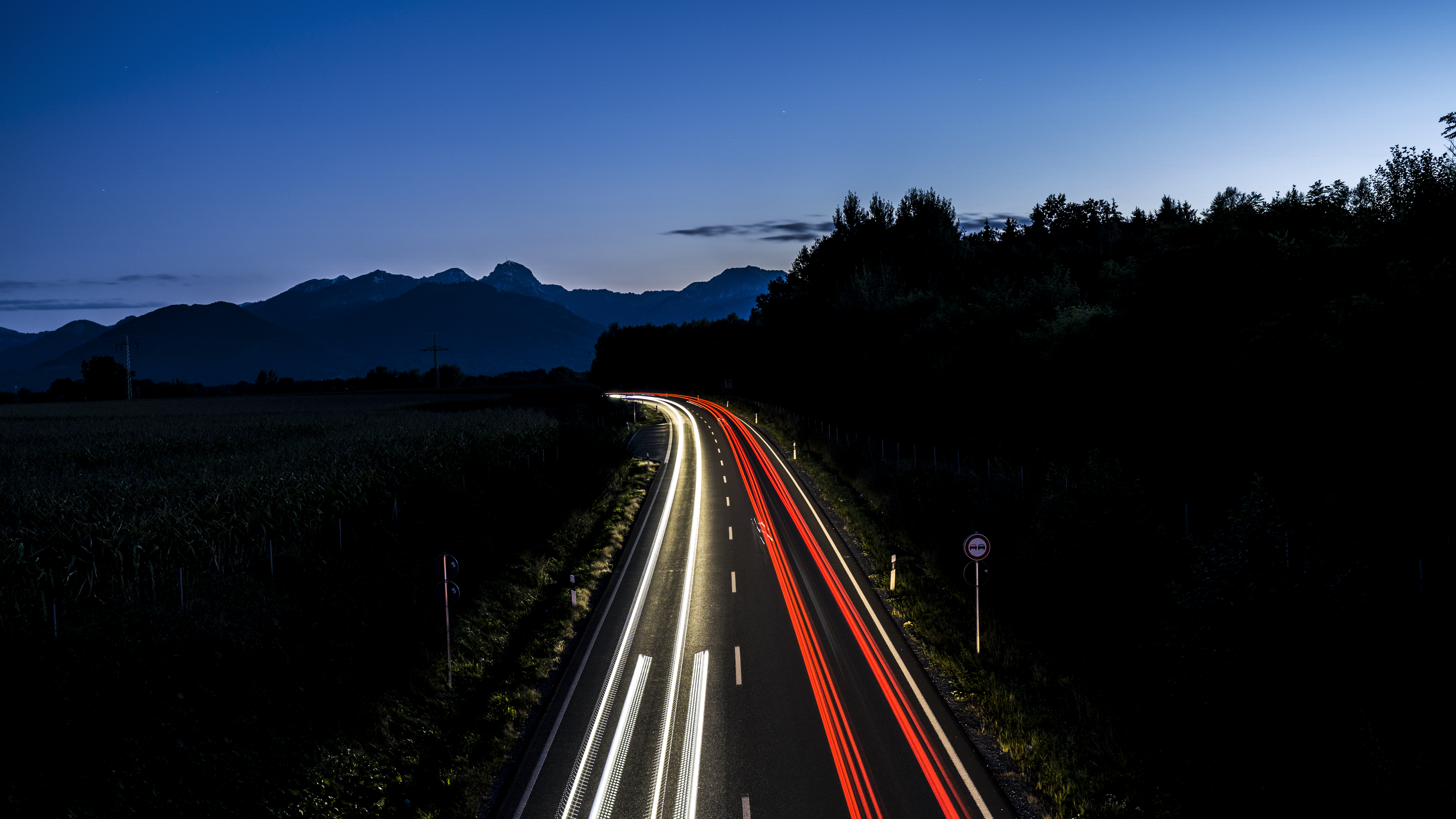 Long Exposure Night Road Street Lights Dark Trees Mountains Landscape Wide Angle Light Trails Outdoo 6000x3376