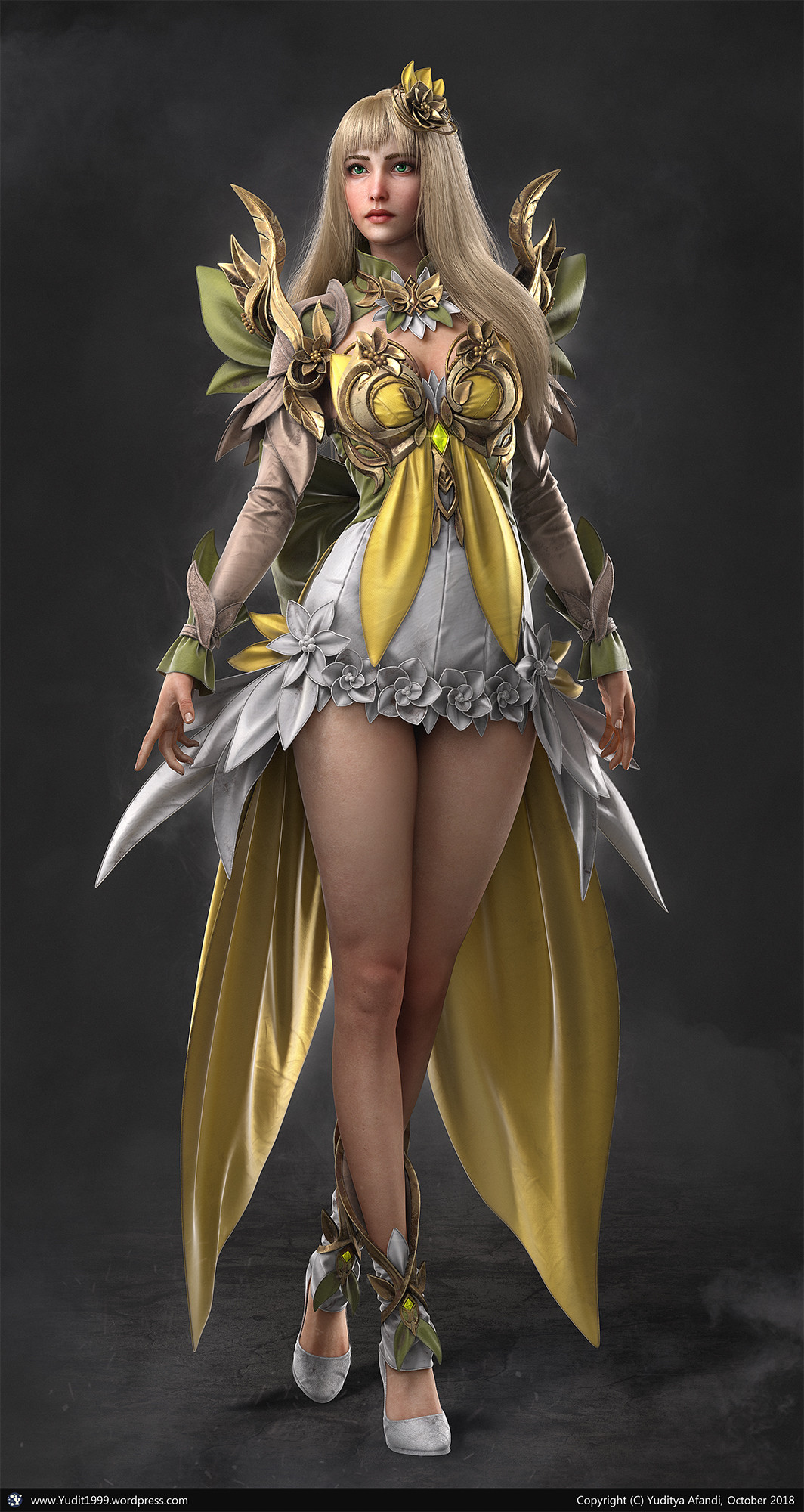 Yuditya Afandi CGi Women Blonde Hair Accessories Dress Legs Crossed Fantasy Art 1064x2000