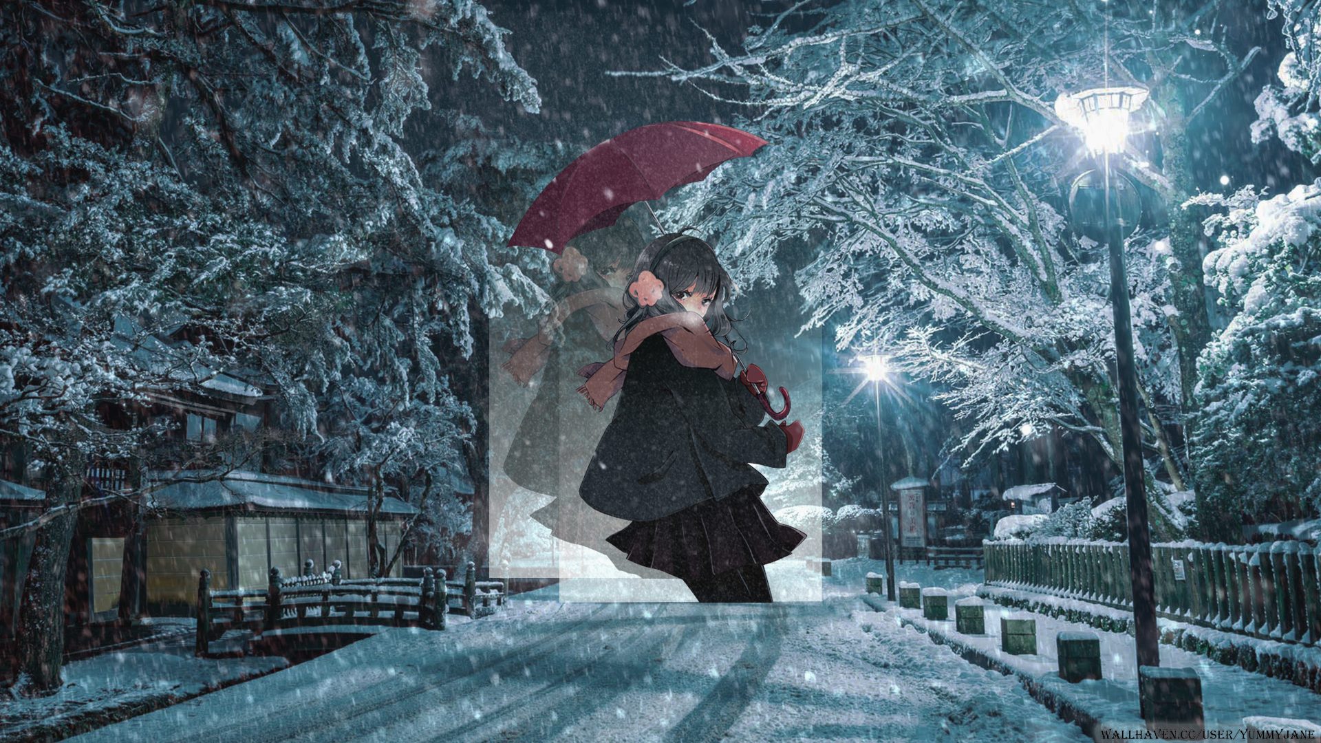 Picture In Picture Anime Anime Girls Winter Snow Night Umbrella Scarf 1920x1080