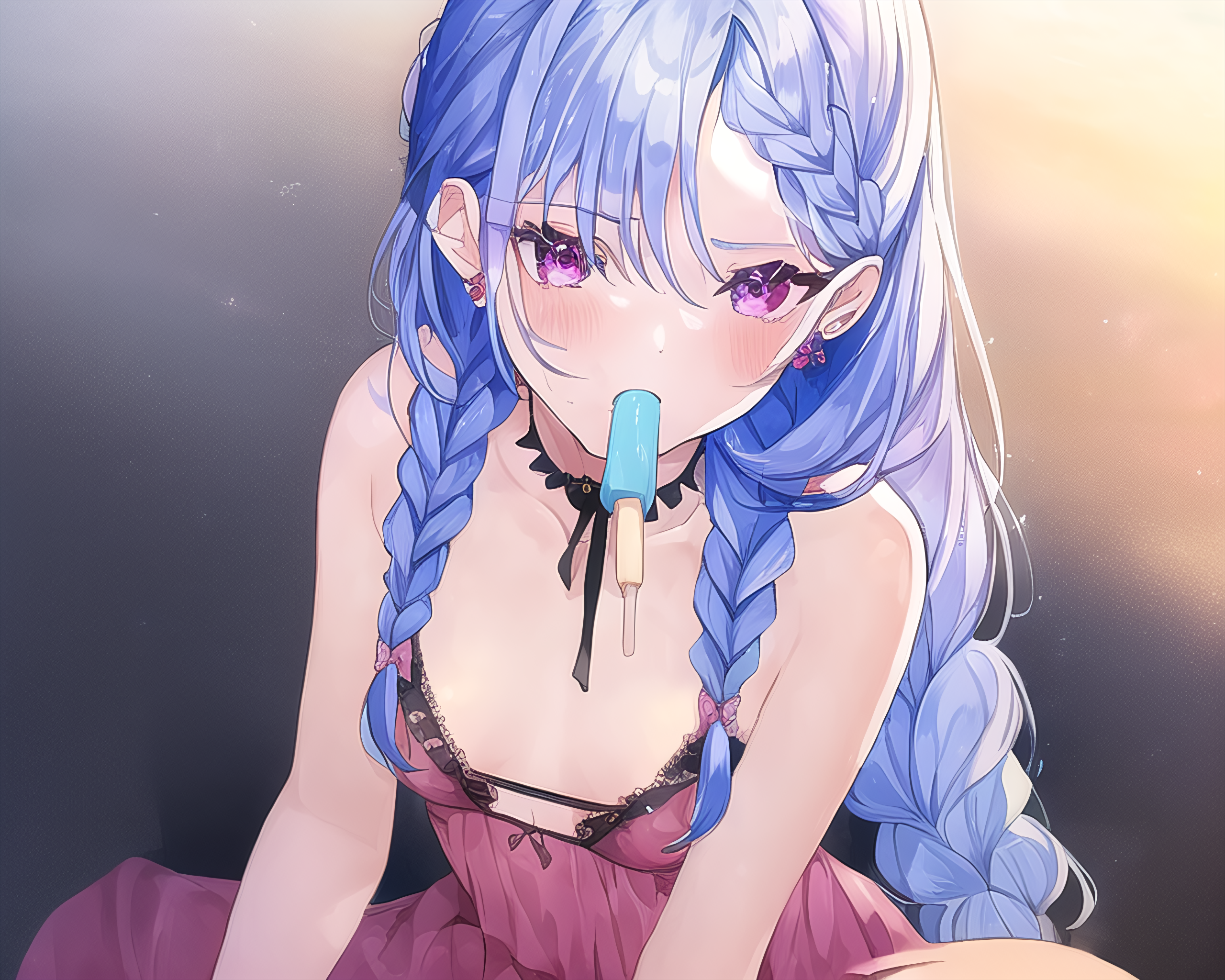 Anime Girls Anime Artwork Ai Art Mia27000 Braids Popsicle Purple Eyes Blue Hair 2560x2048