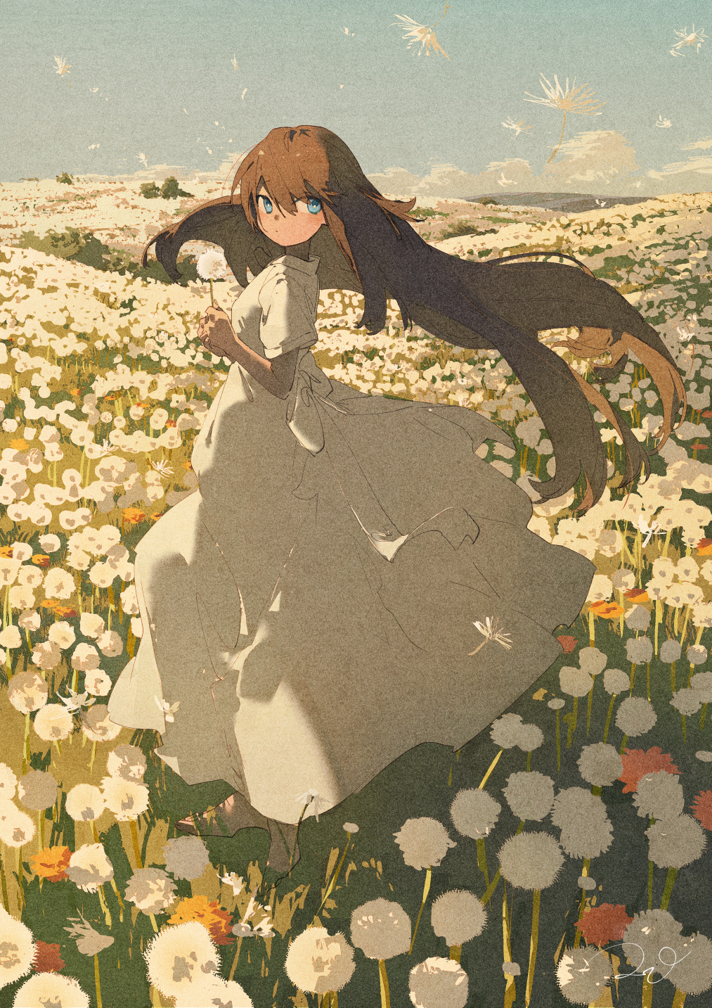Potg Pixiv Anime Girls Portrait Display Standing Dress Flowers Long Hair Clouds Sky Brunette Blue Ey 1013x1433