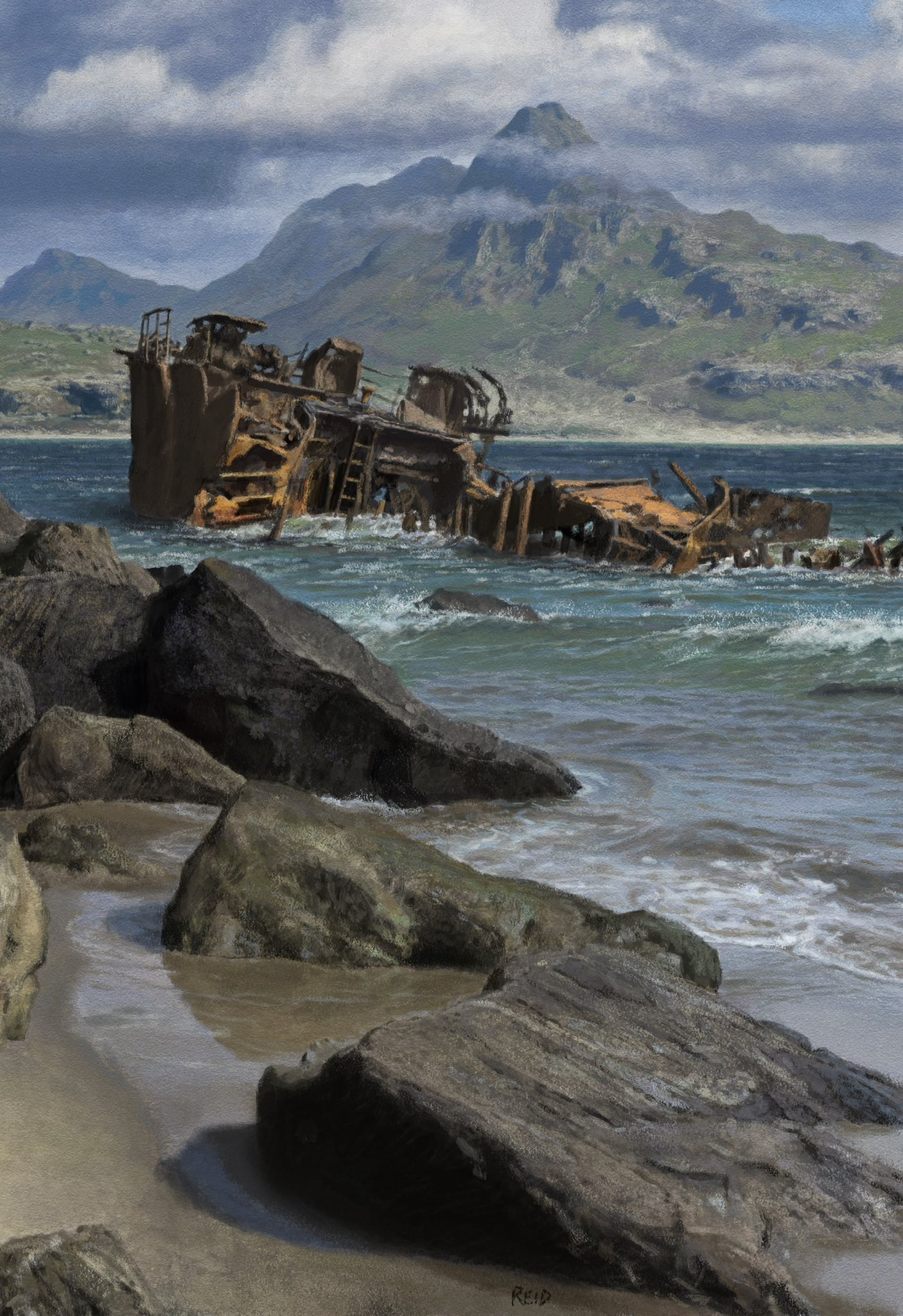 Landscape Fictional Digital Art Illustration Portrait Seashore Shipwreck Water Sky Clouds Rocks 1406x2048