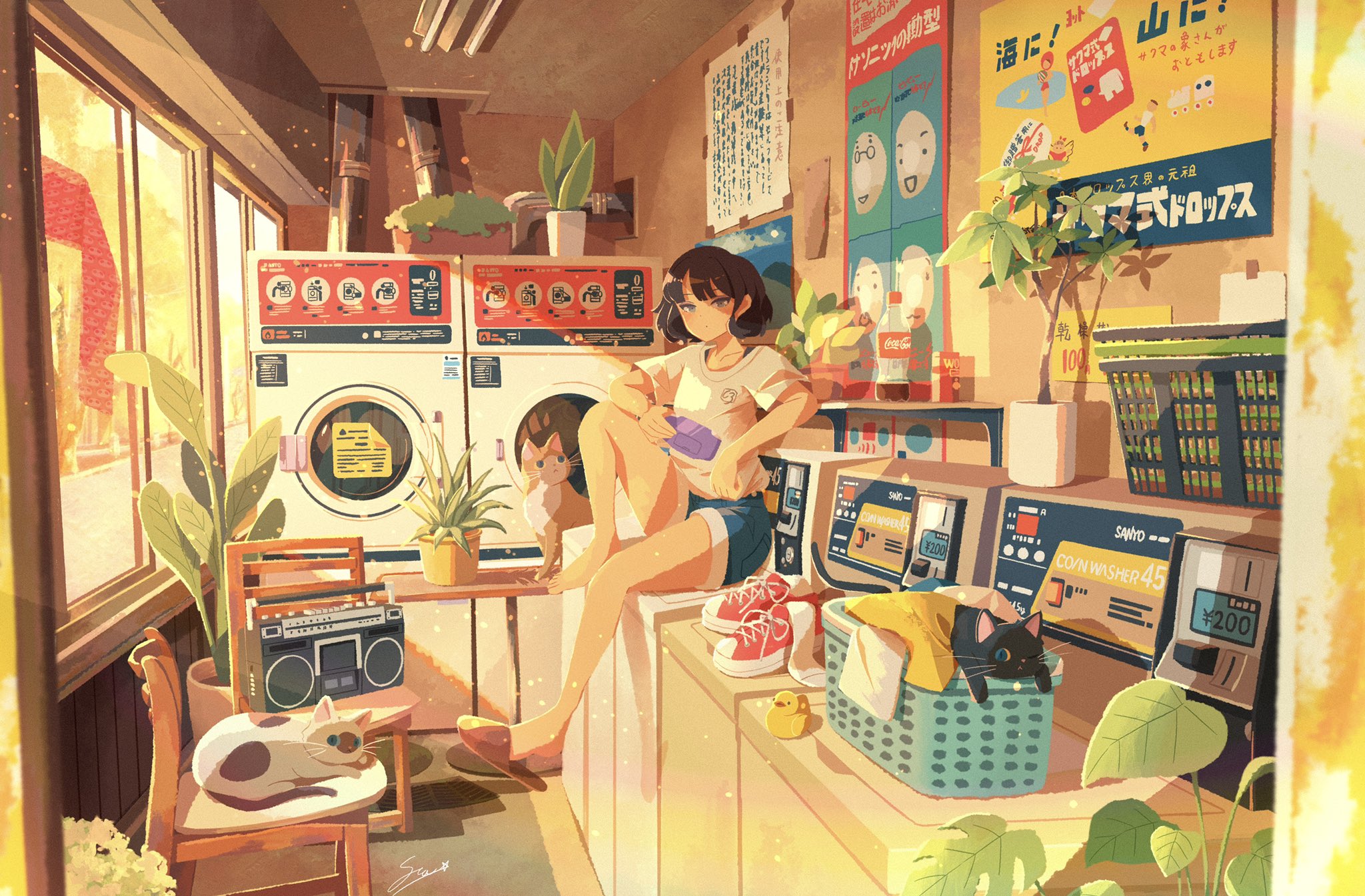 Anime Girls Washing Machine Black Cat Cats GameBoy Advance Consoles Boombox Sitting Short Hair Leave 2048x1346