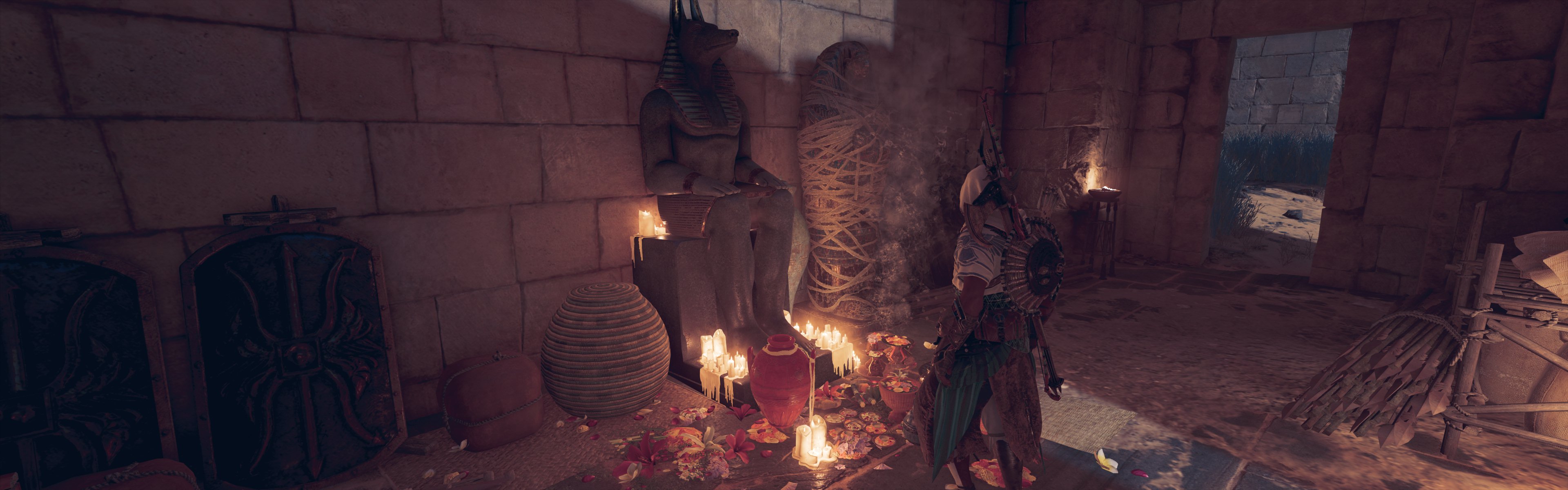 Egypt Pyramid Wide Angle Assassins Creed Origins Video Games CGi Candles Statue Baskets 3840x1200