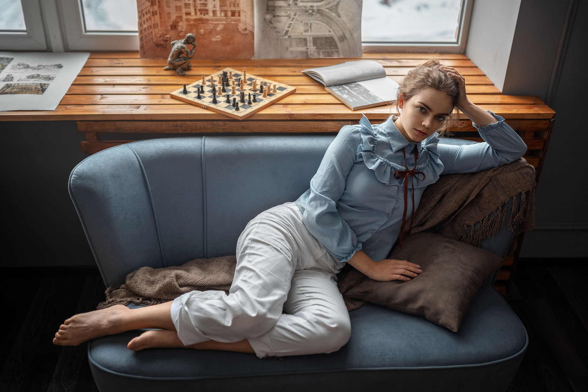 Aleksandr Kurennoi Women Brunette Resting Head Looking At Viewer Stripes Shirt Pants Barefoot Couch  2048x1366
