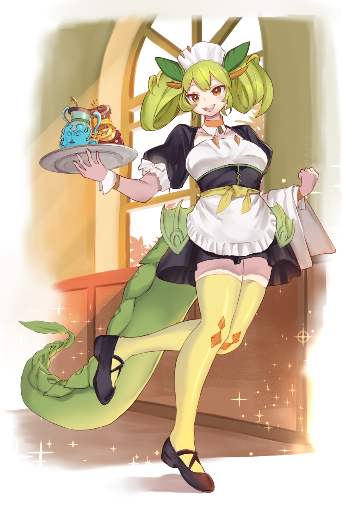 Anime Anime Girls Trading Card Games Yu Gi Oh Parlor Dragonmaid Twintails Green Hair Maid Maid Outfi 1200x1800