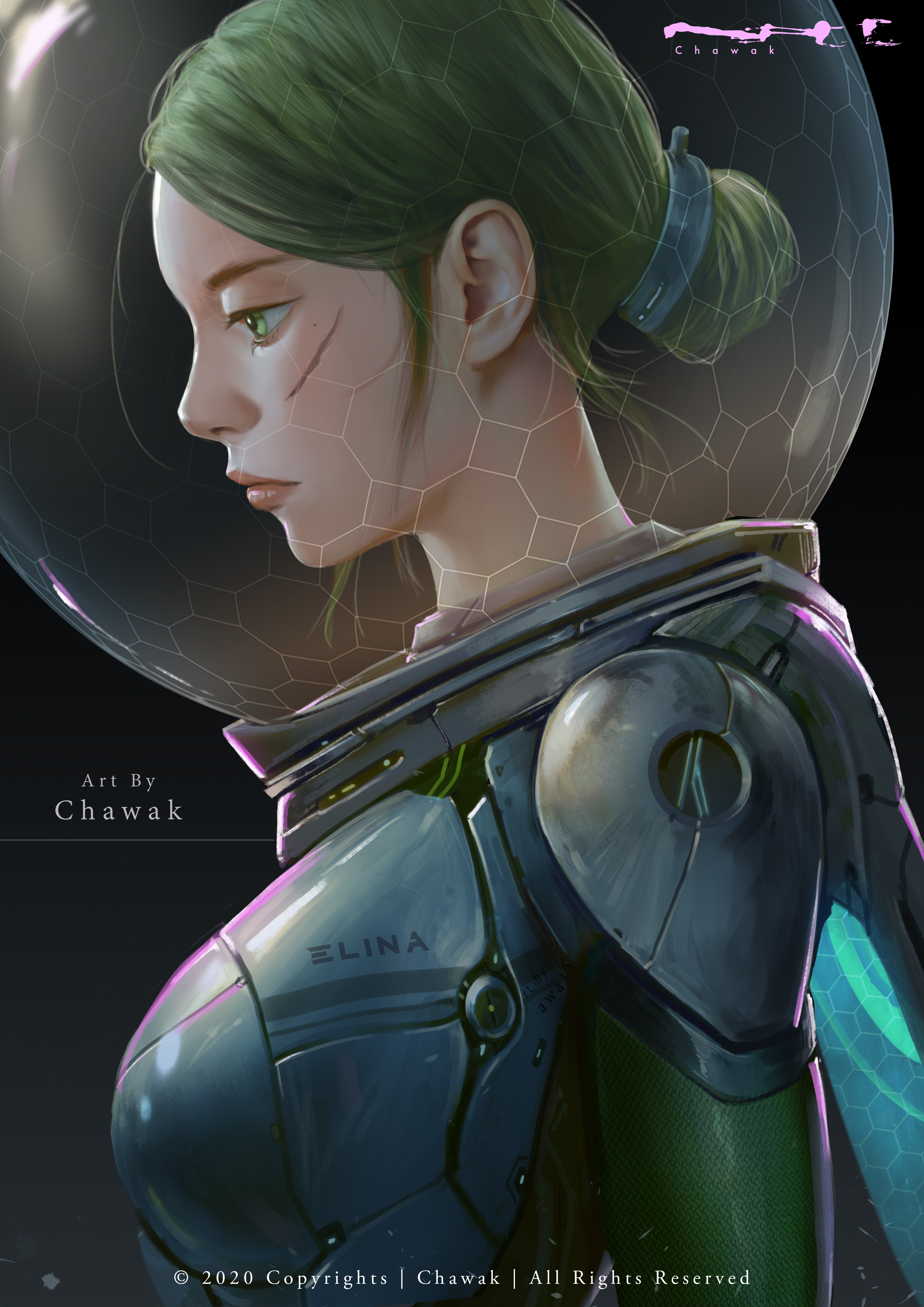 Spacesuit Astronaut CHA WAK Digital Art Artwork Illustration Women Green Hair Vertical 3508x4961