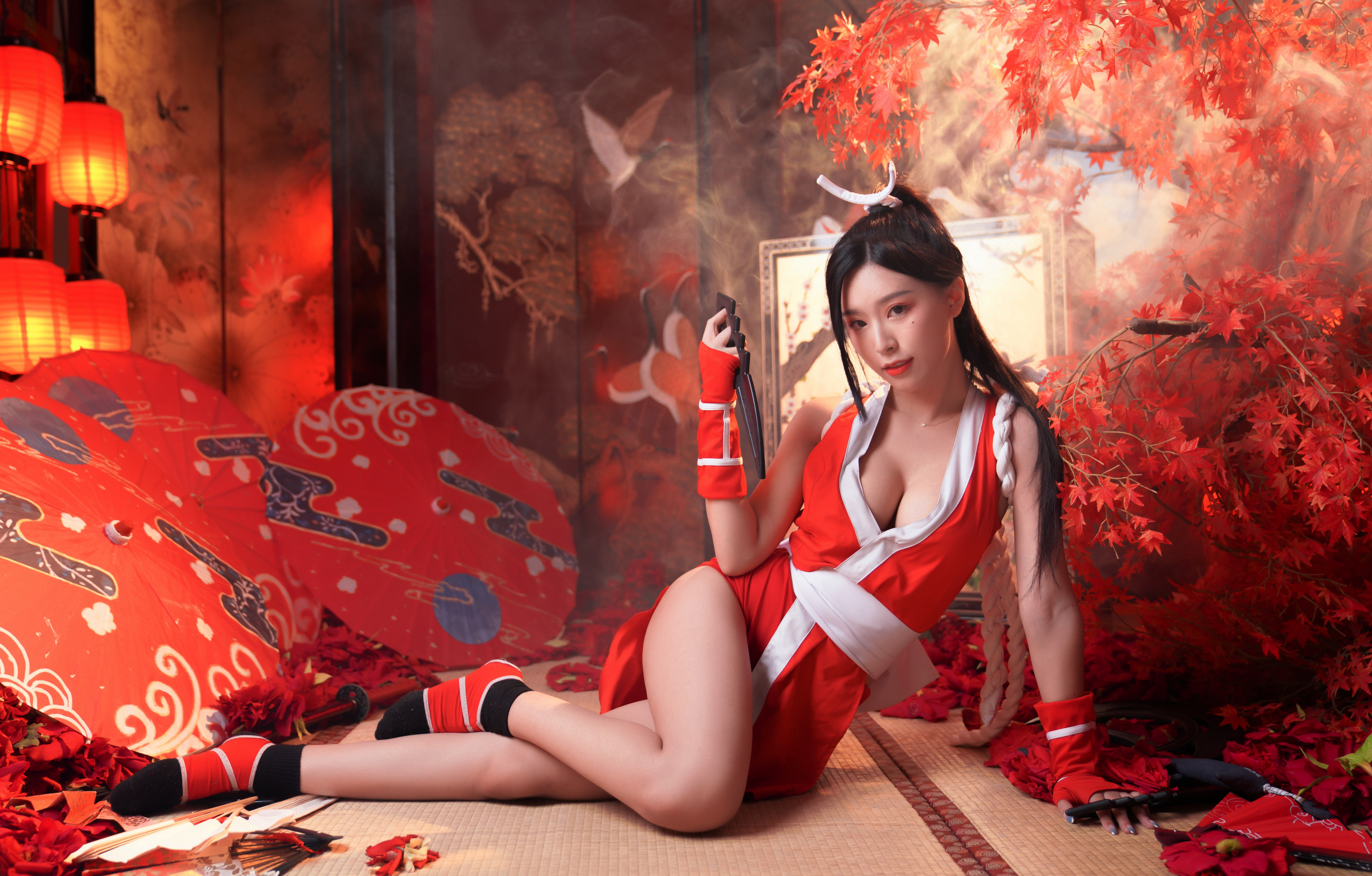 Asian Model Women Long Hair Dark Hair Cosplay Mai Shiranui Fatal Fury King Of Fighters 3840x2452