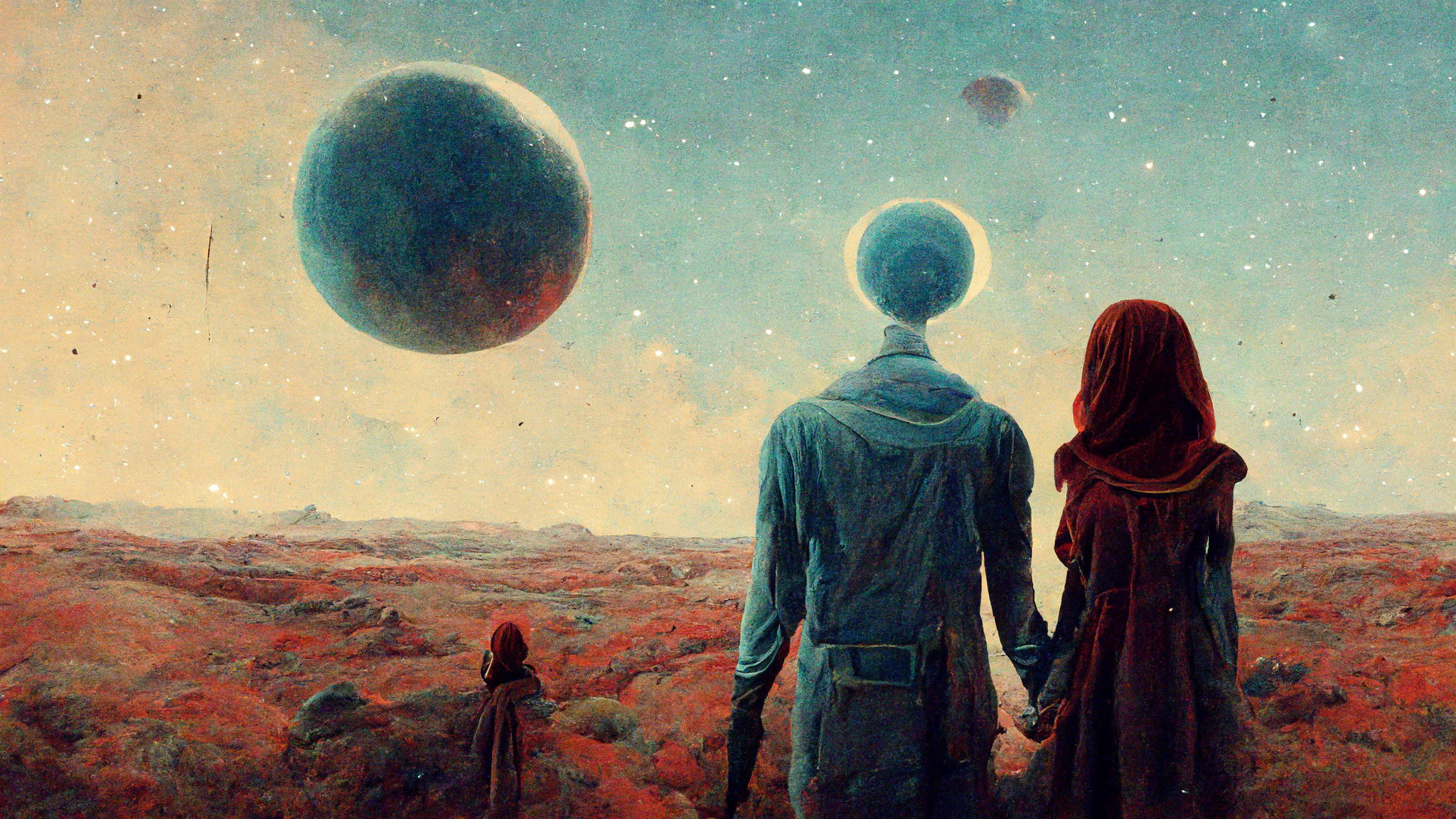 Midjourney Ai Ai Ai Generated Space Planet Moon Couple Artwork Fantasy Art Digital Art Landscape 2048x1152