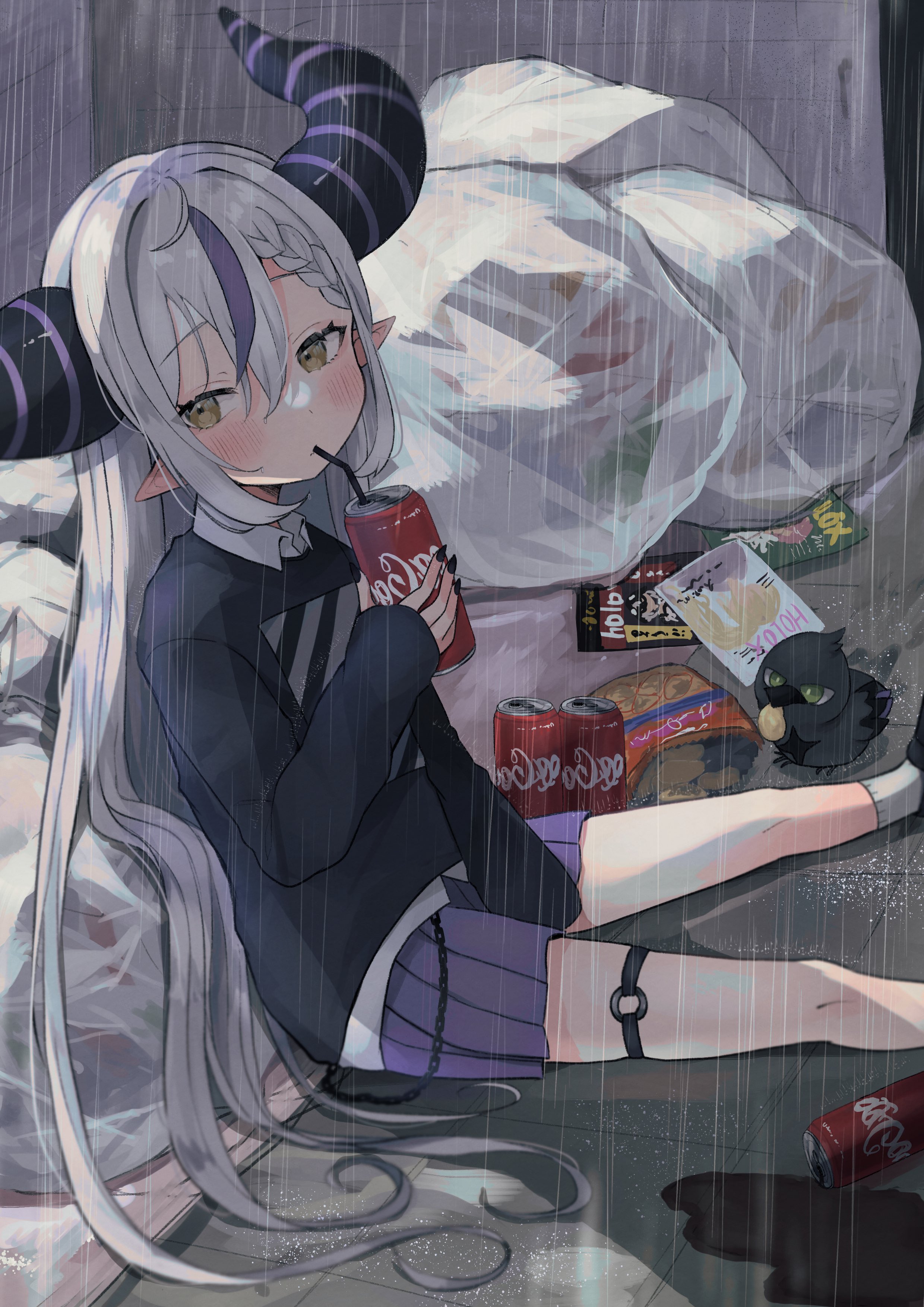 Anime Anime Girls Virtual Youtuber Hololive Laplus Darknesss Vertical Coca Cola Rain Horns Pointy Ea 2480x3508