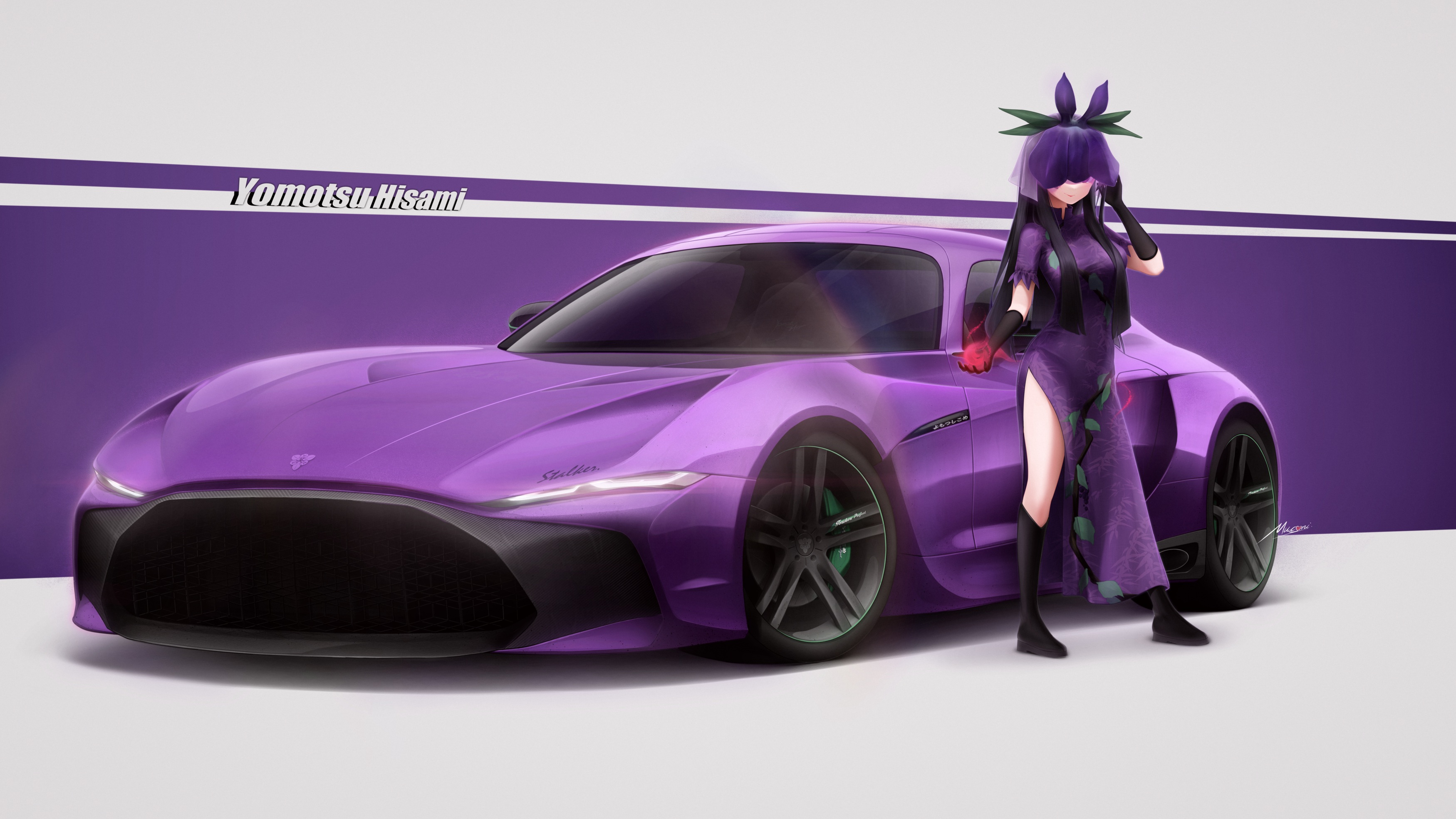Car Simple Background Purple Hair Black Boots Elbow Gloves Chinese Clothing Long Hair 3500x1969