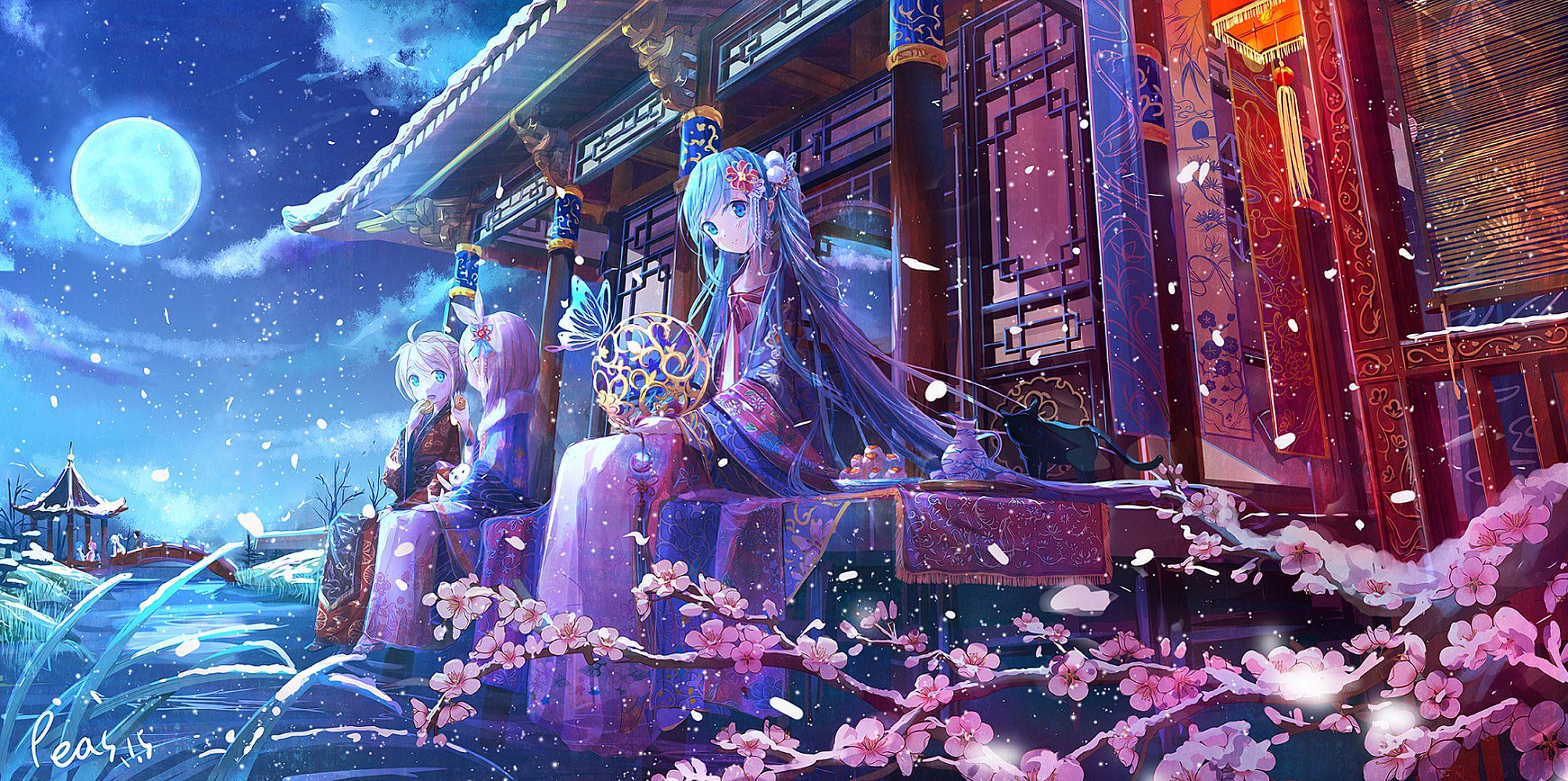 Anime Girls Kimono Snow Moon Turquoise Hair Aqua Eyes Looking At Viewer Cats Flowers Petals Hair Orn 2167x1080