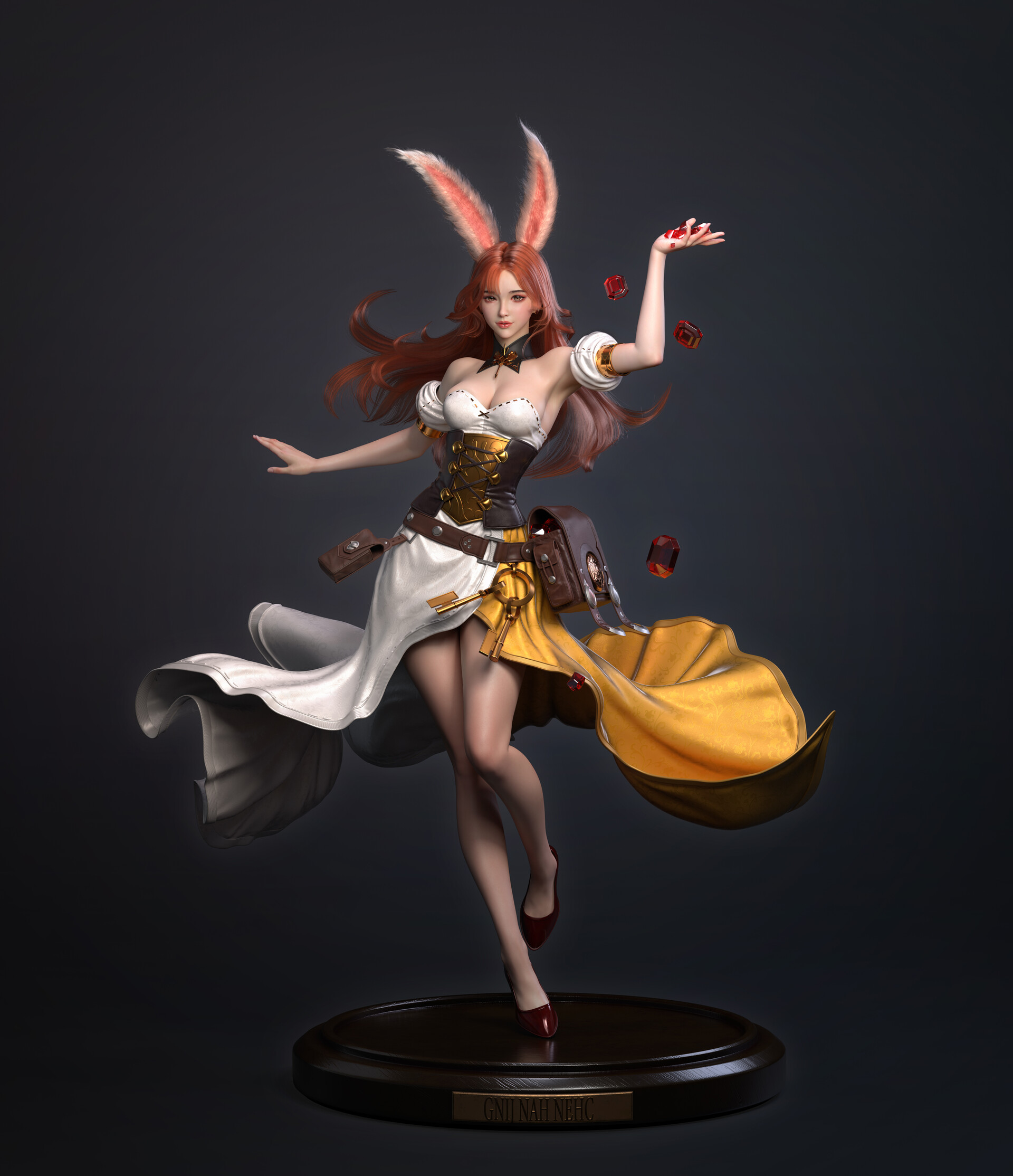 Cifangyi CGi Women Bunny Ears Dress Redhead Long Hair Simple Background 1920x2228