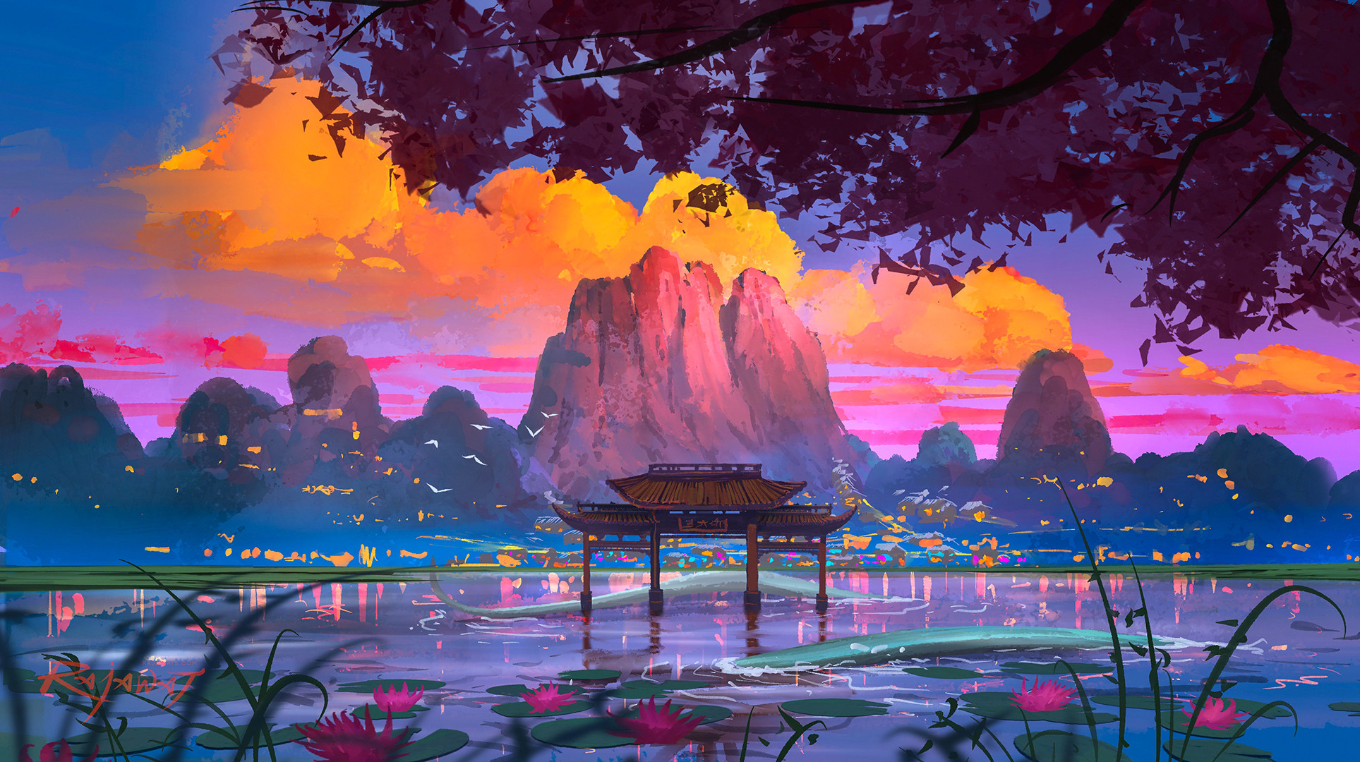 Artwork Digital Art Nature Mountains Flowers Water Lily Pads Clouds 1927x1080