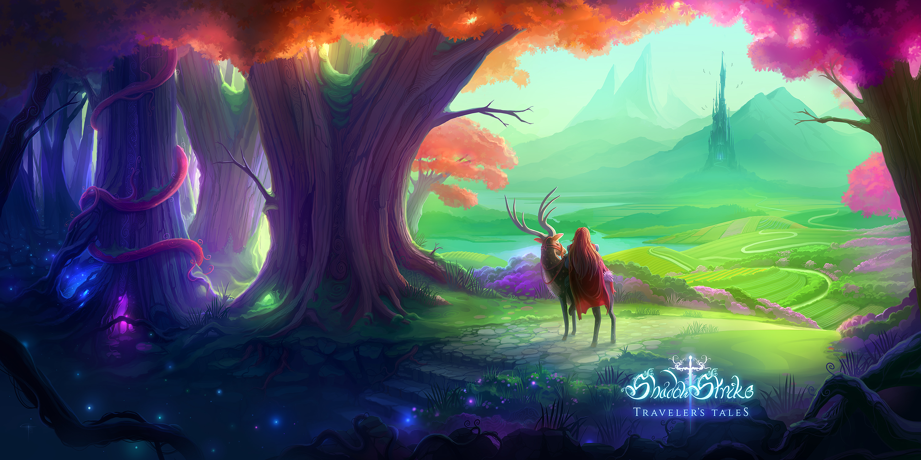Gary Tonge Drawing Forest Colorful Deer Fantasy Art Digital Art Caption Artwork Landscape Mountains  3000x1500