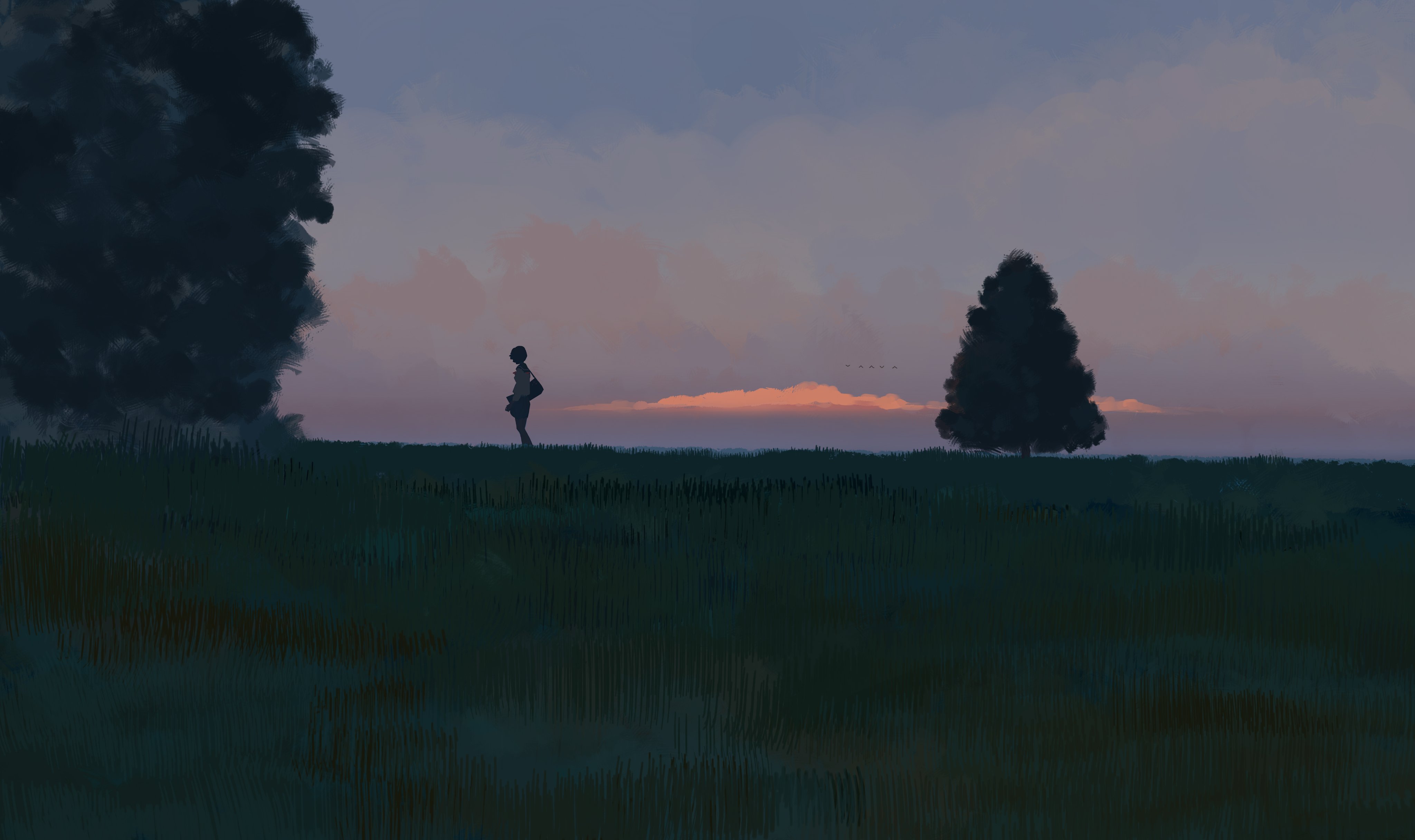 Digital Art Digital Painting Plains Grass Sunset Peaceful Bangjoy Sky Clouds Trees 4096x2433