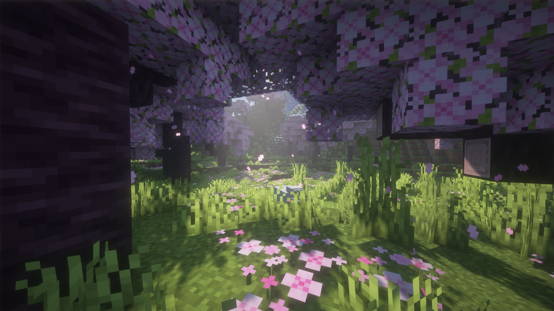 Minecraft Shaders Anime Video Games CGi Cube Trees Flowers Sunlight 1920x1080