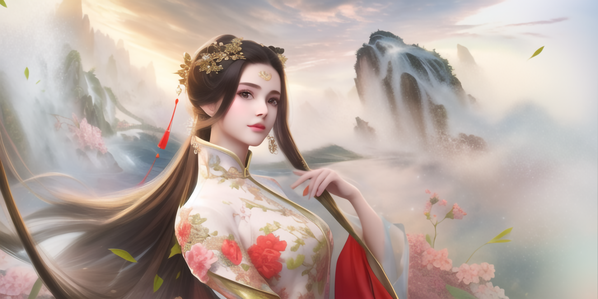 ChinaGuFeng Girl Band Asian Women Looking At Viewer Flowers Chinese Dress Long Hair Leaves Ai Art 1920x960