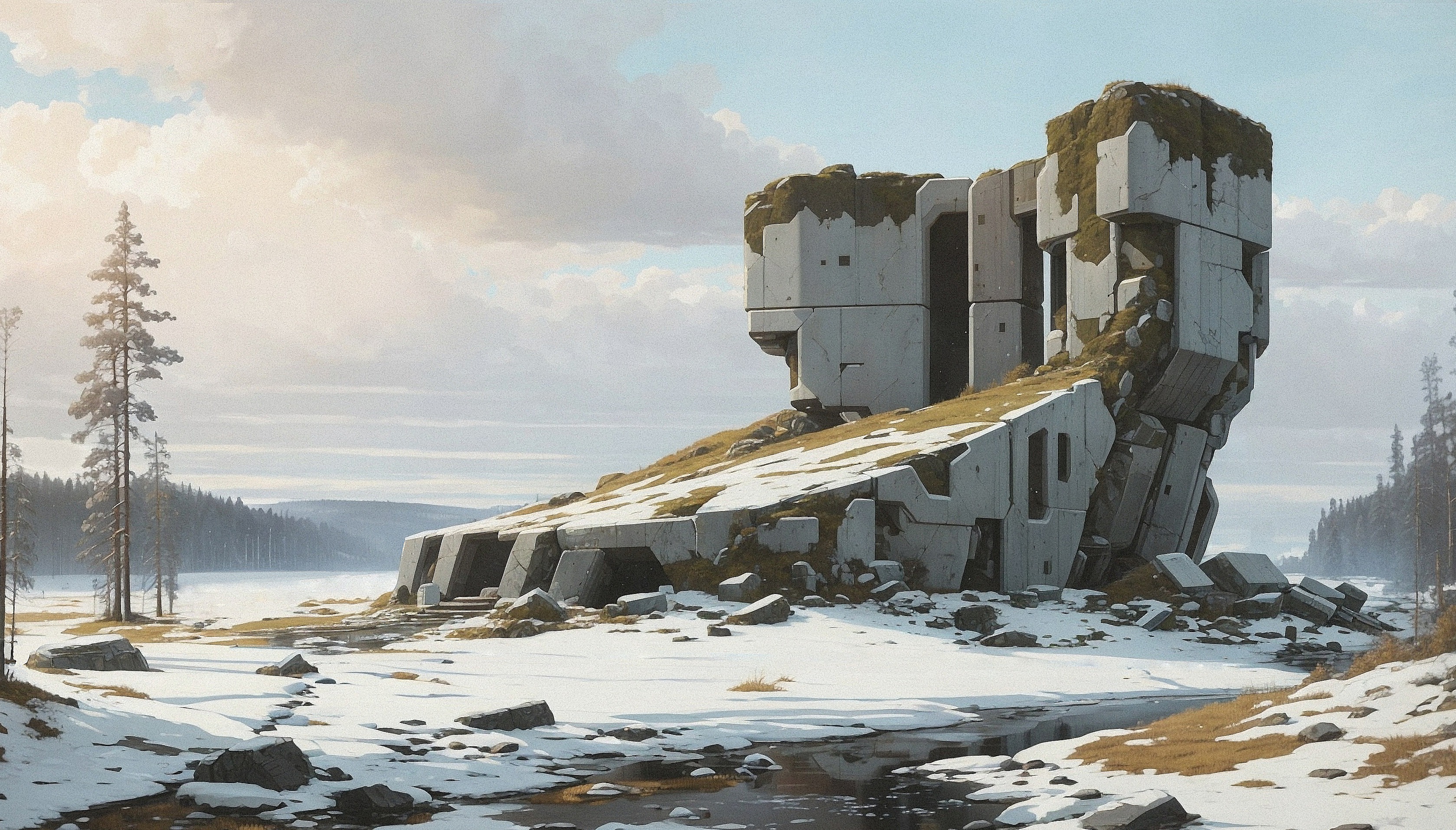 Landscape Science Fiction Rocks Environment Futuristic Megaliths Ruins Clouds Sky Trees 3357x1913
