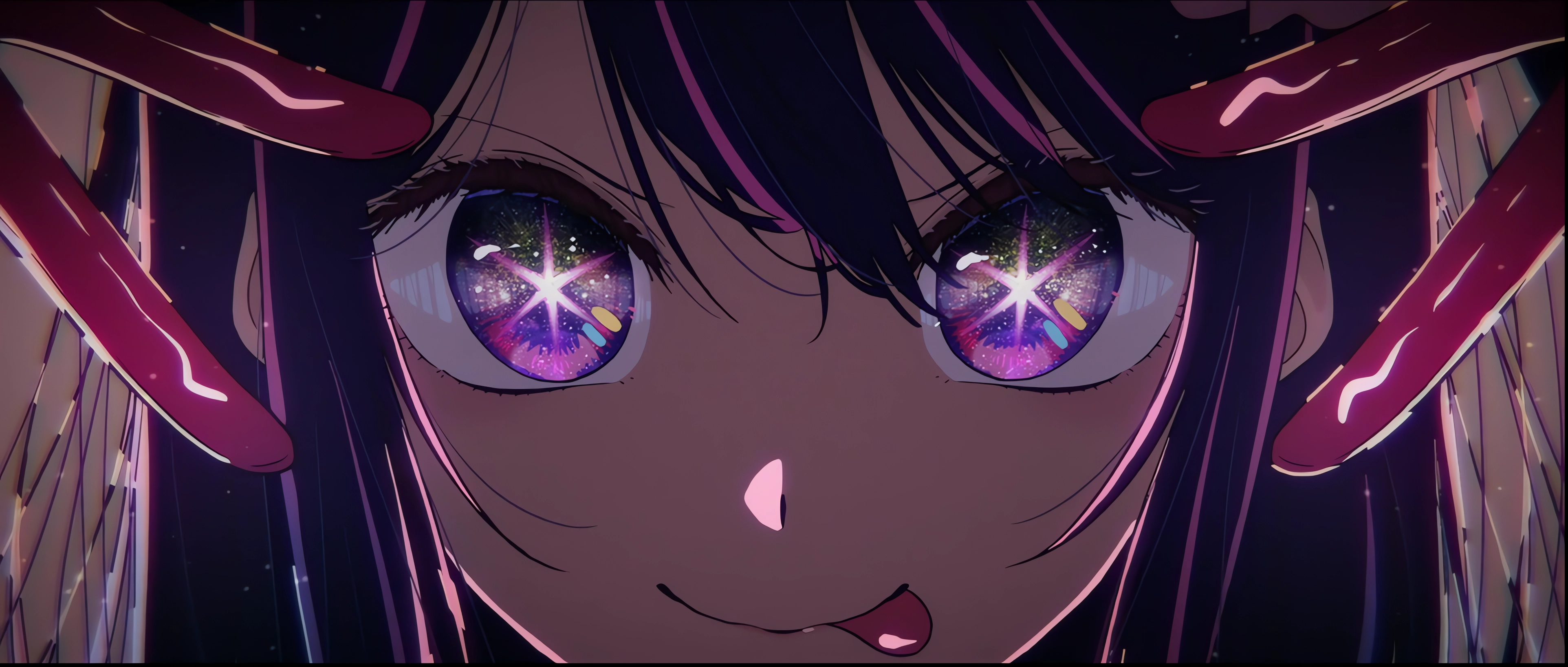 Oshi No Ko Hoshino Ai Looking At Viewer Star Eyes Tongue Out Anime Girls Long Hair Purple Hair Purpl 3848x1636