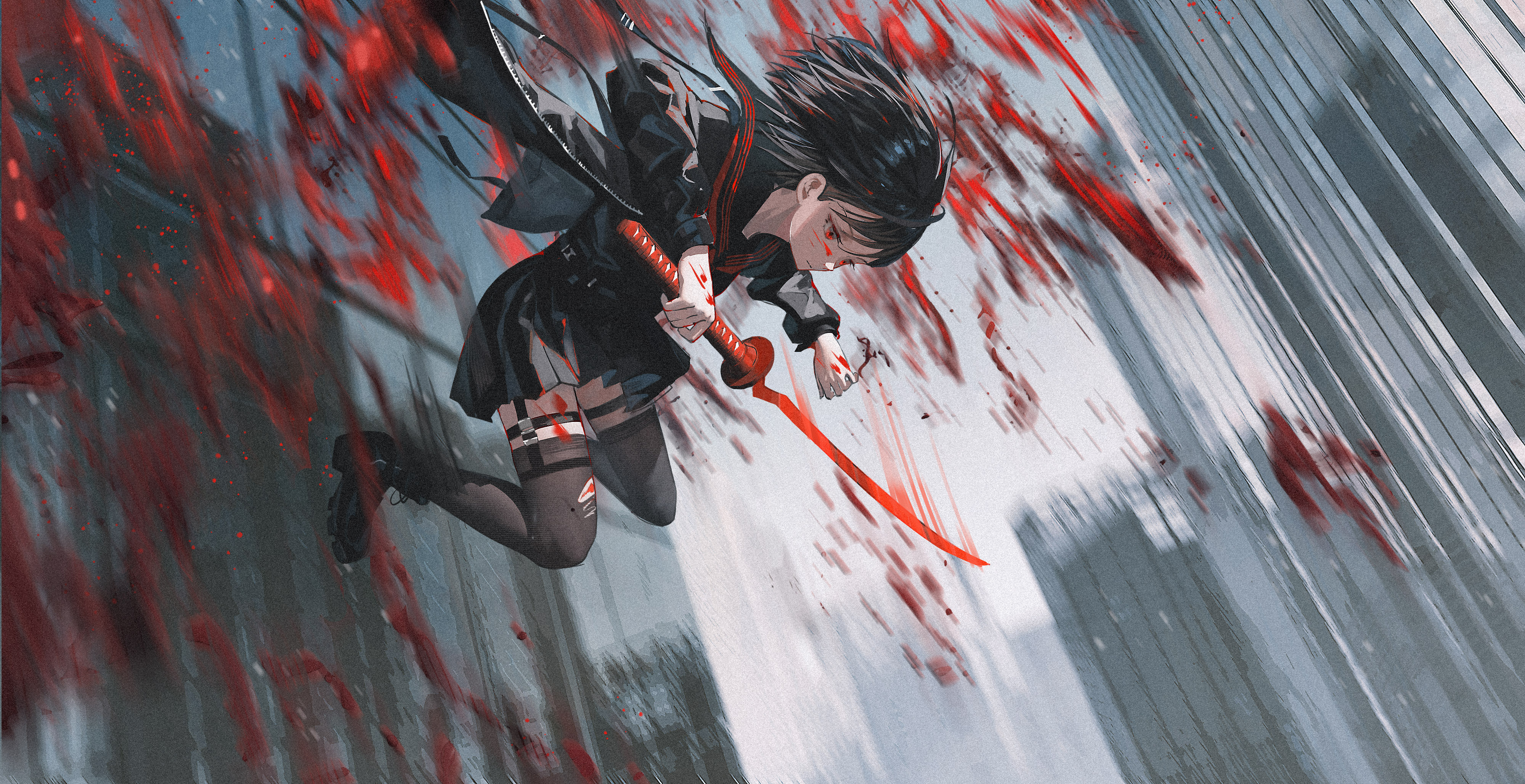 Anime Digital Art Artwork Illustration Women Falling School Uniform Sword Women With Swords Short Ha 4000x2057