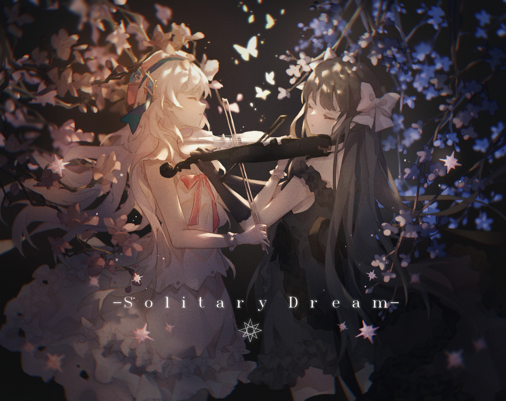 Anime Anime Girls Dress Violin Musical Instrument Closed Eyes Butterfly Flowers Long Hair Bow Tie St 1650x1308