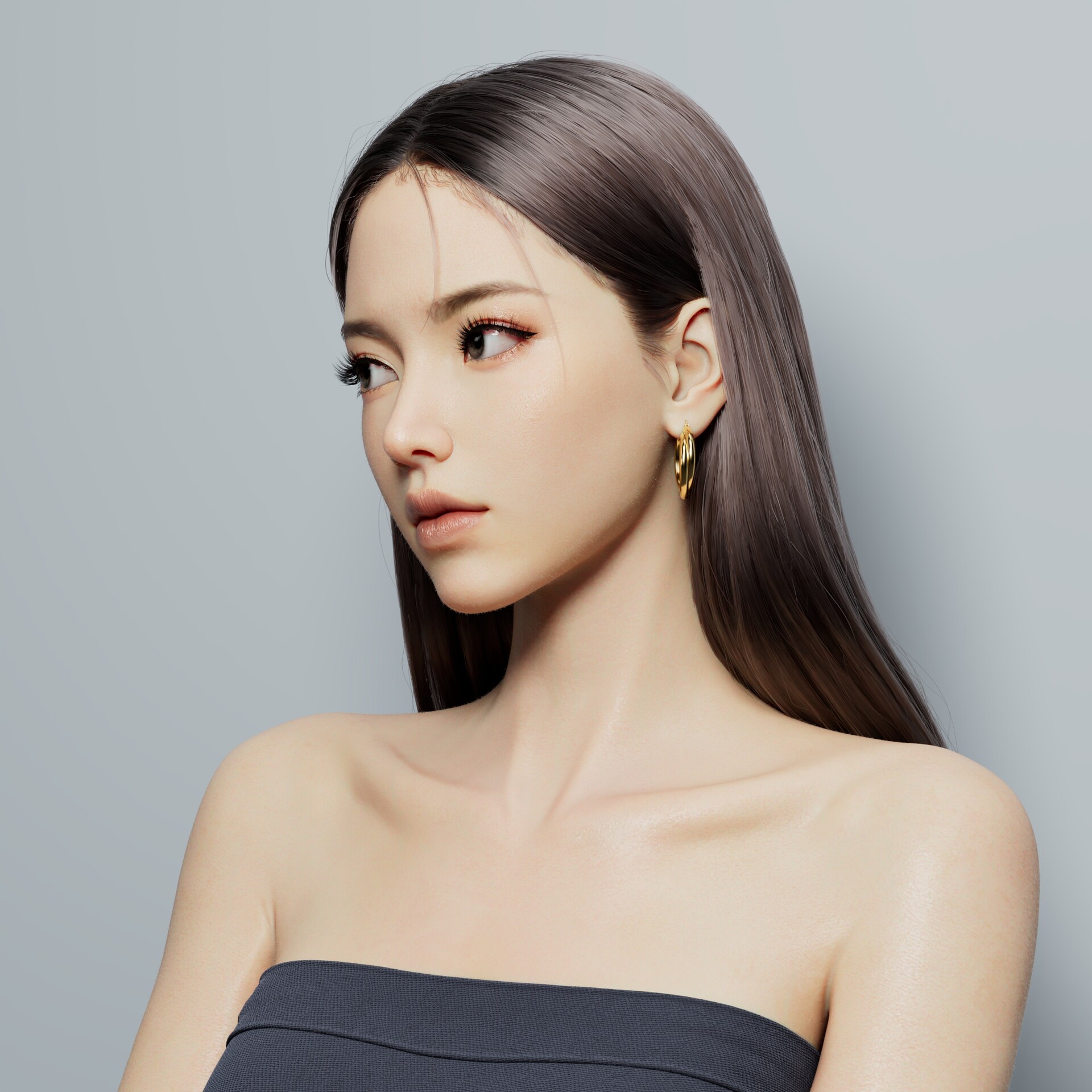 Ling Jie Zeng CGi Women Asian Portrait Brunette Straight Hair Earring Bare Shoulders Simple Backgrou 1920x1920