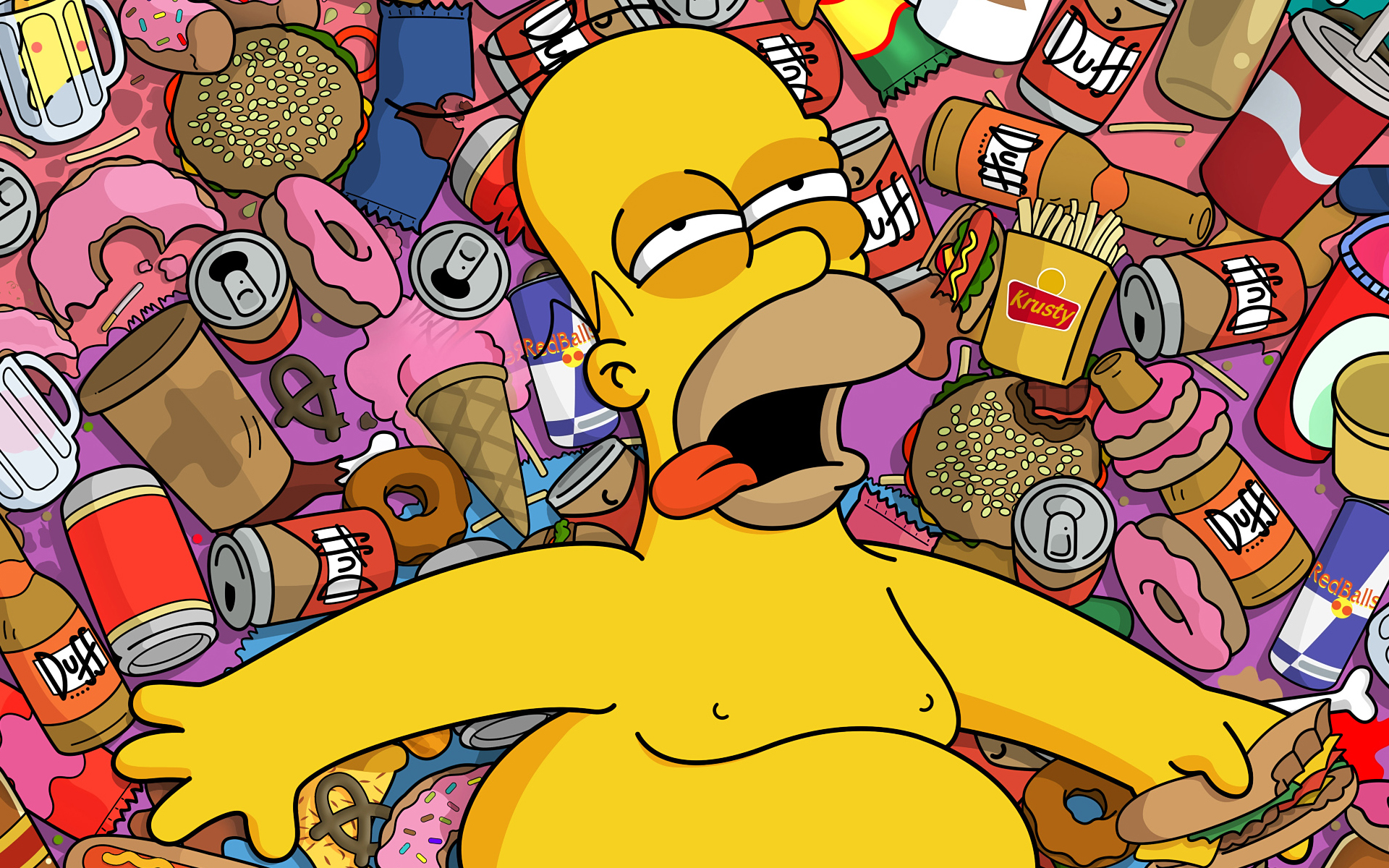The Simpsons Homer Simpson Donut Beer Food Humor Cartoon Tongue Out Open Mouth Fast Food TV Series 1920x1200