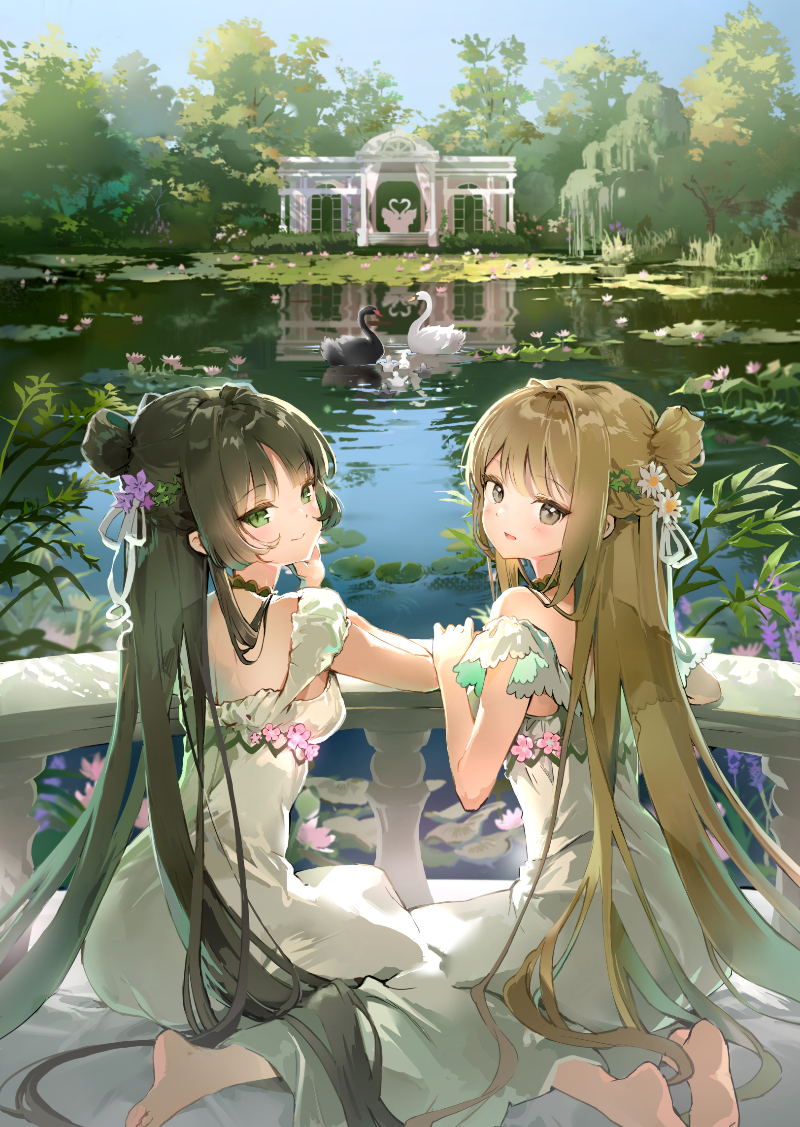Anime Anime Girls Portrait Display Dress Long Hair Water Water Lilies Feet Looking At Viewer Hairbun 1624x2287