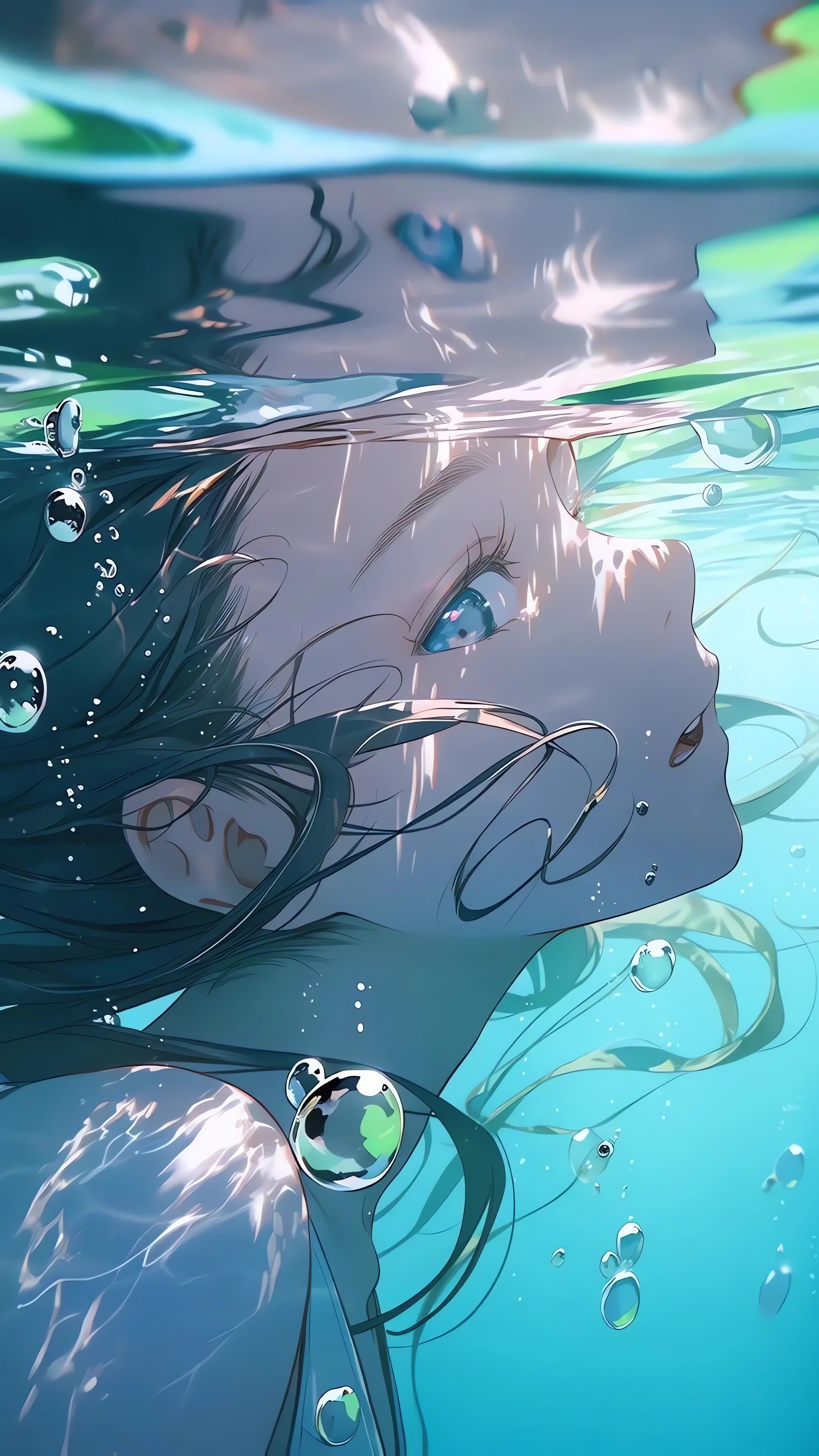 Anime Anime Girls Water Underwater Looking At Viewer Bubbles Portrait Display Long Hair Reflection 2150x3822