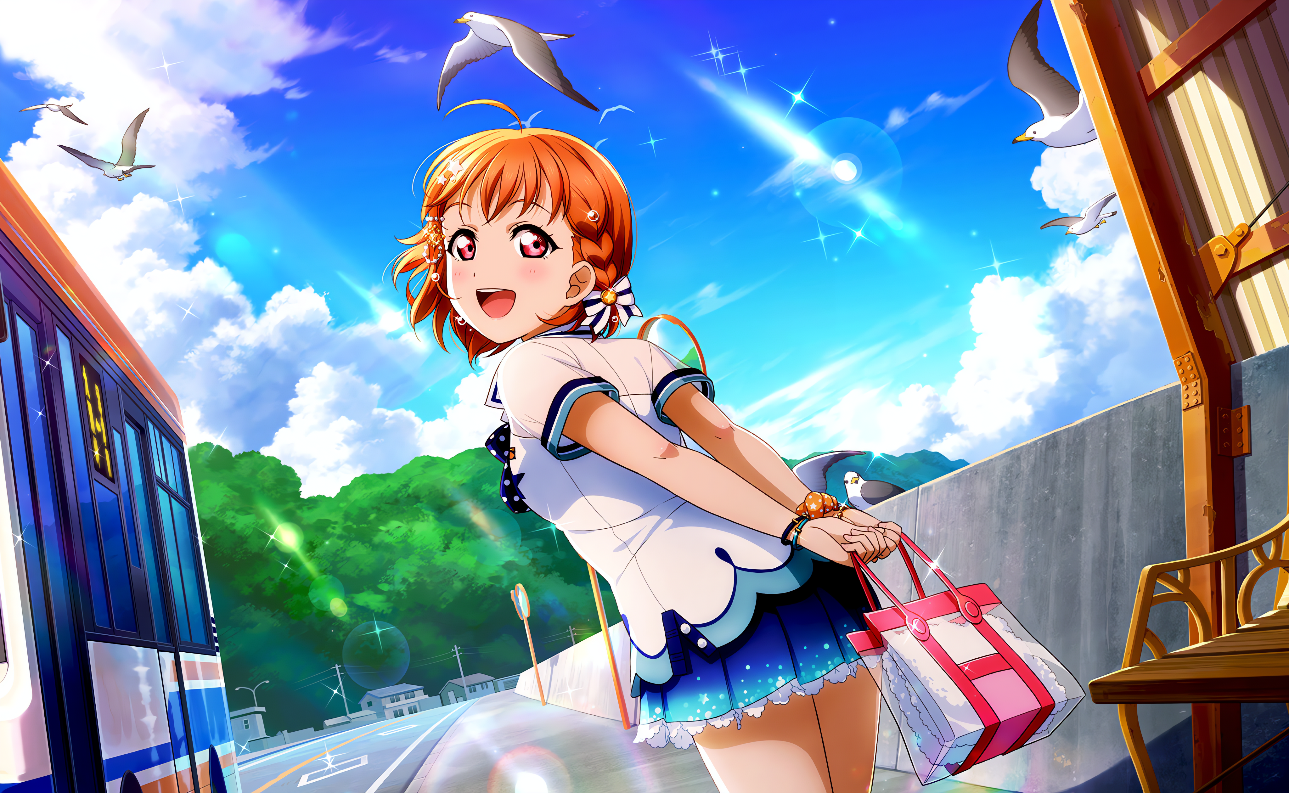 Takami Chika Love Live Love Live Sunshine Anime Anime Girls Clouds Sky Looking At Viewer Blushing Br 4096x2520