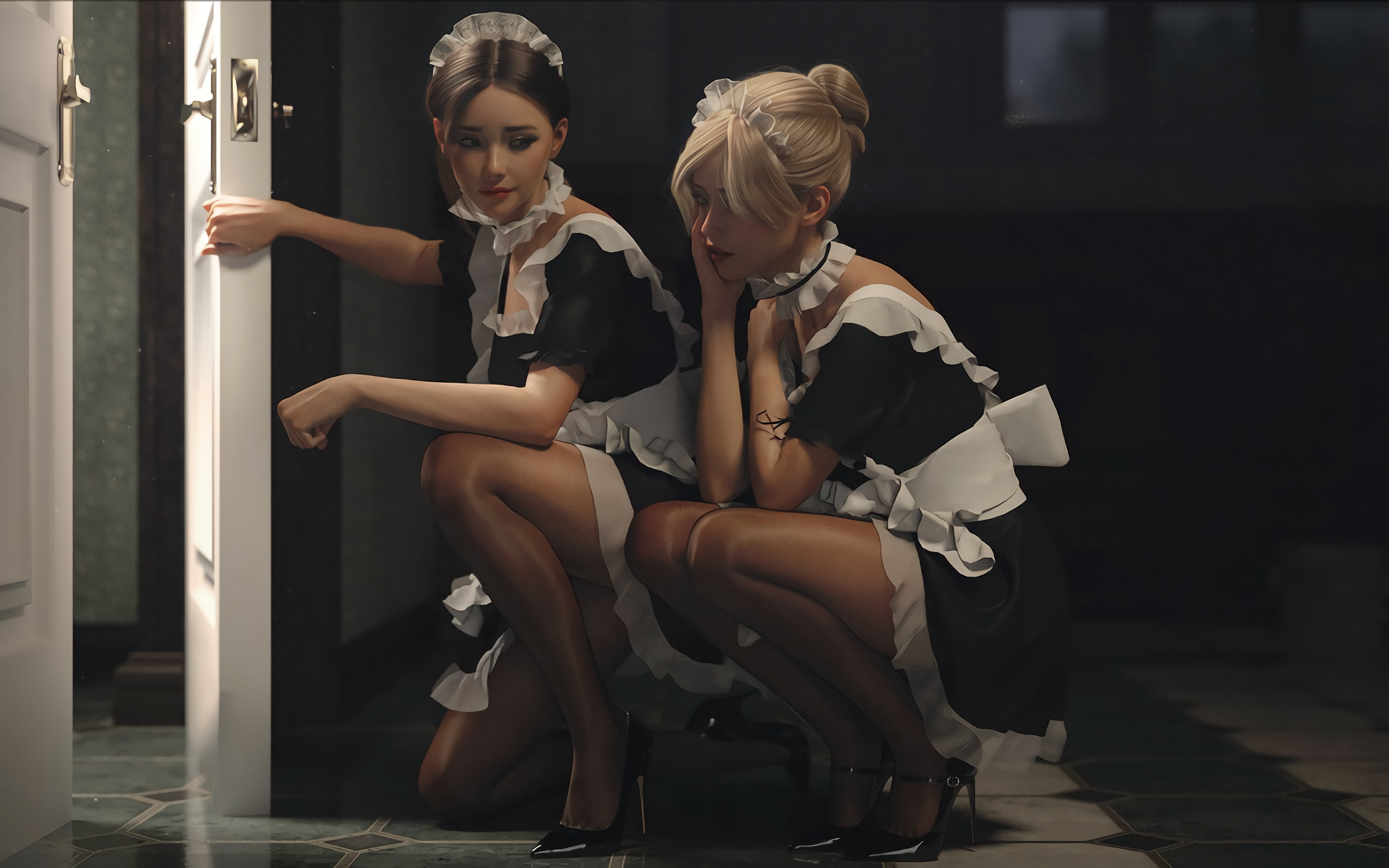 Nvpu Maid Outfit Women CGi Maid Heels 3840x2400