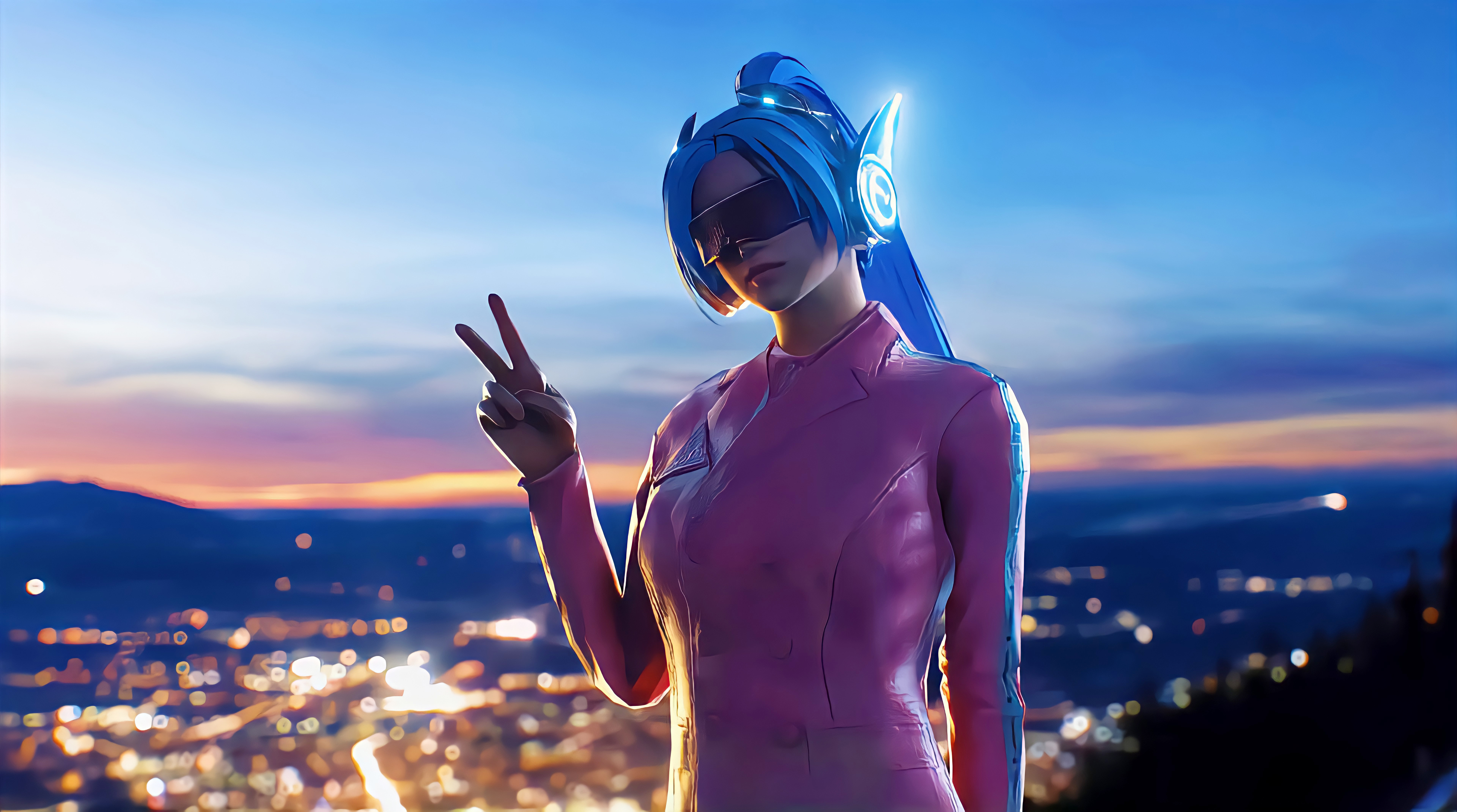 Game CG Blue Hair Victory Sign Women Peace Sign Ponytail Lights City Lights 7680x4280