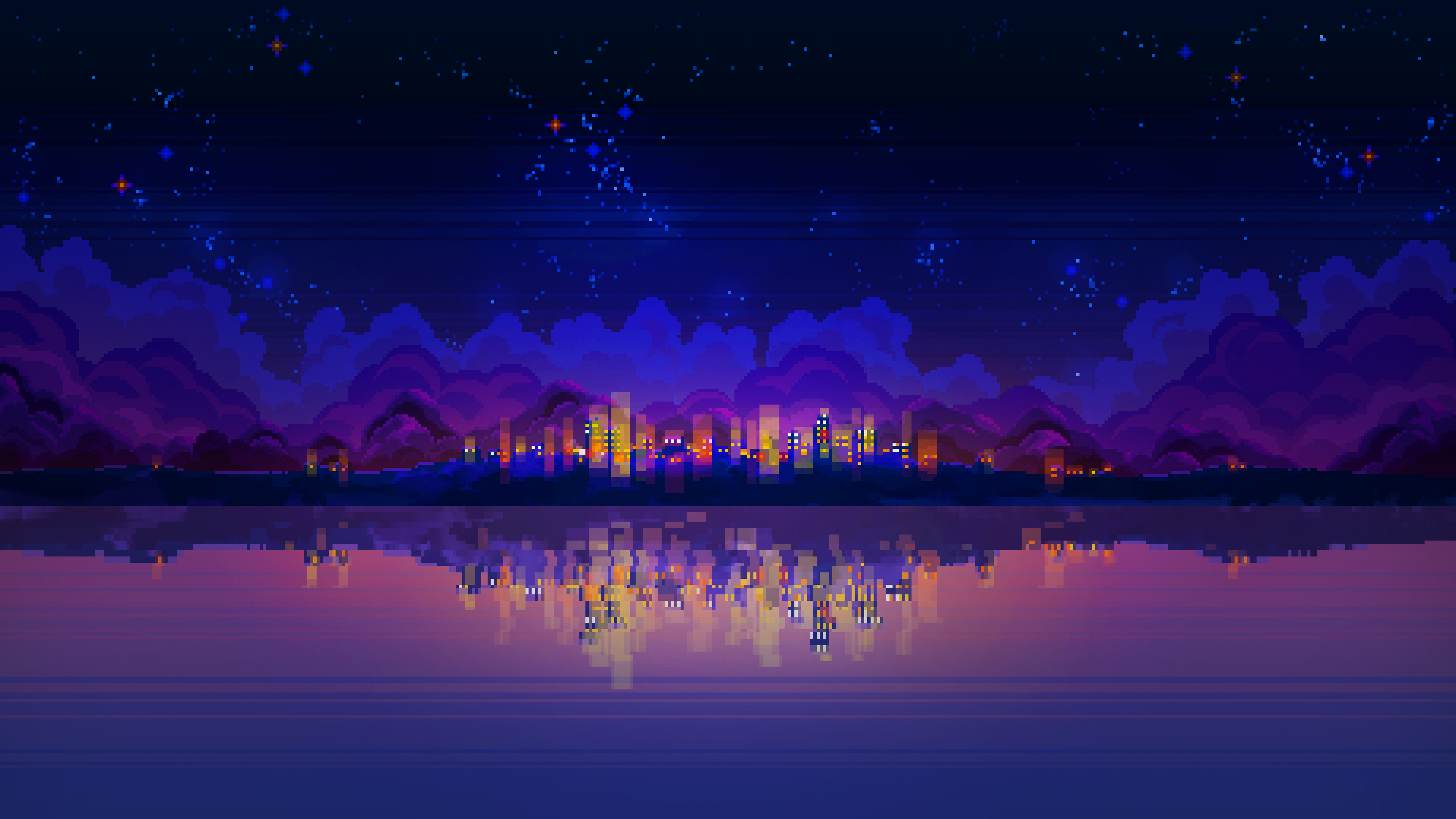 Pixel Art City Building Water Clouds Reflection Stars Starry Night 3840x2162
