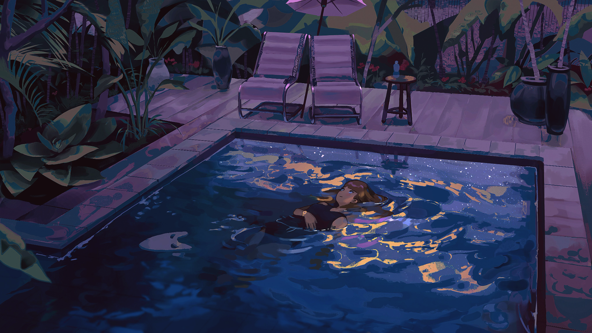Stargazing Swimming Pool Stars Reflection Plants Water In Water Anime Girls 1920x1080