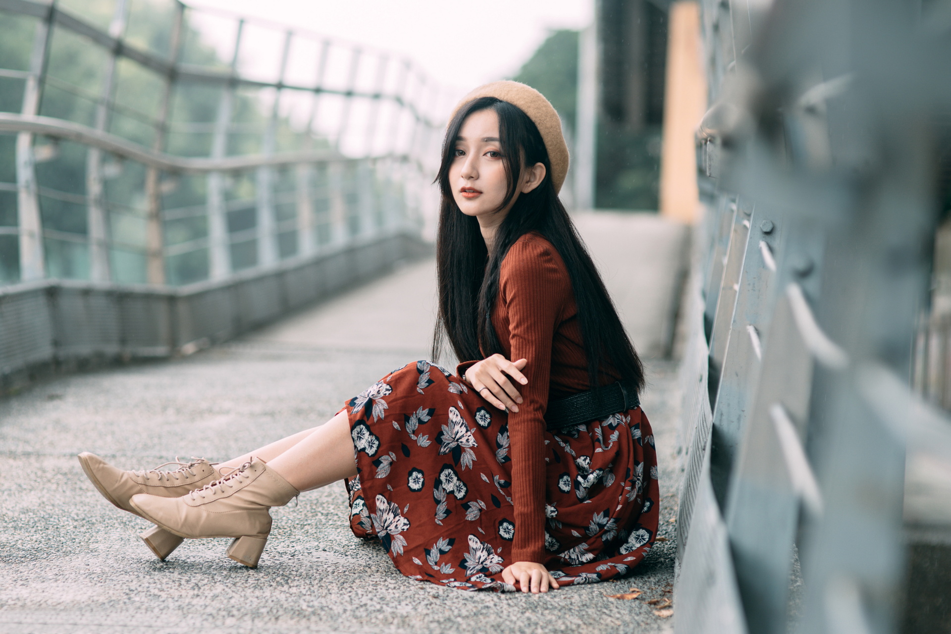 Asian Model Women Long Hair Dark Hair Sitting Women Outdoors Urban Heels Red Clothing Black Hair