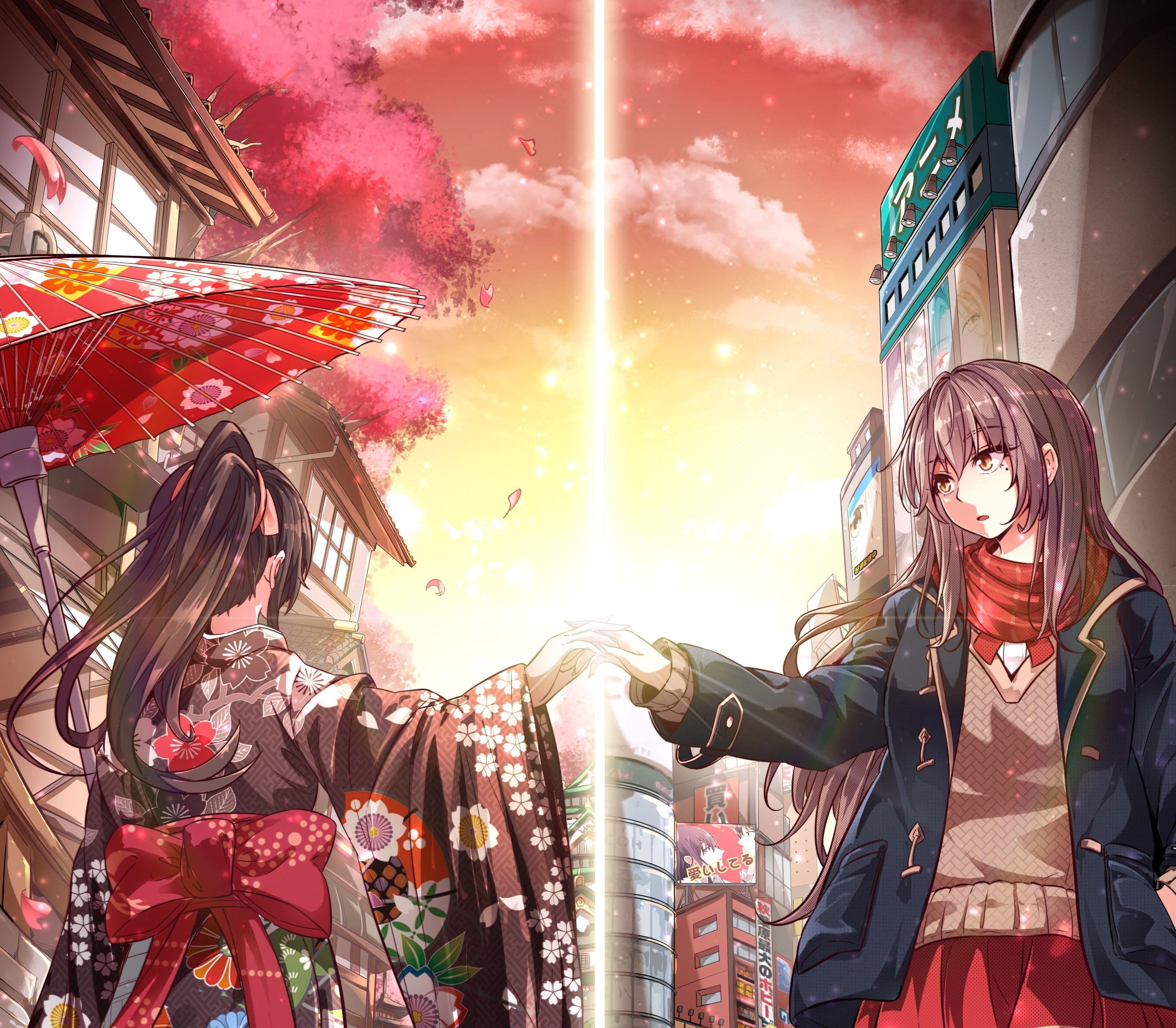 Anime Girls Two Women Sunset Sunset Glow Brunette Kimono School Uniform Schoolgirl Yukata Umbrella S 2904x2538