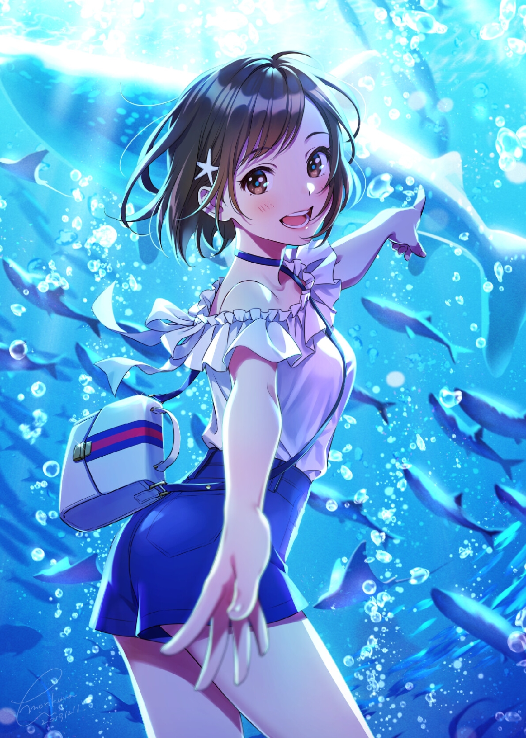 Anime Girls Aquarium Portrait Display Whale Animals Water Bubbles Purse Finger Pointing Arms Reachin 1080x1514