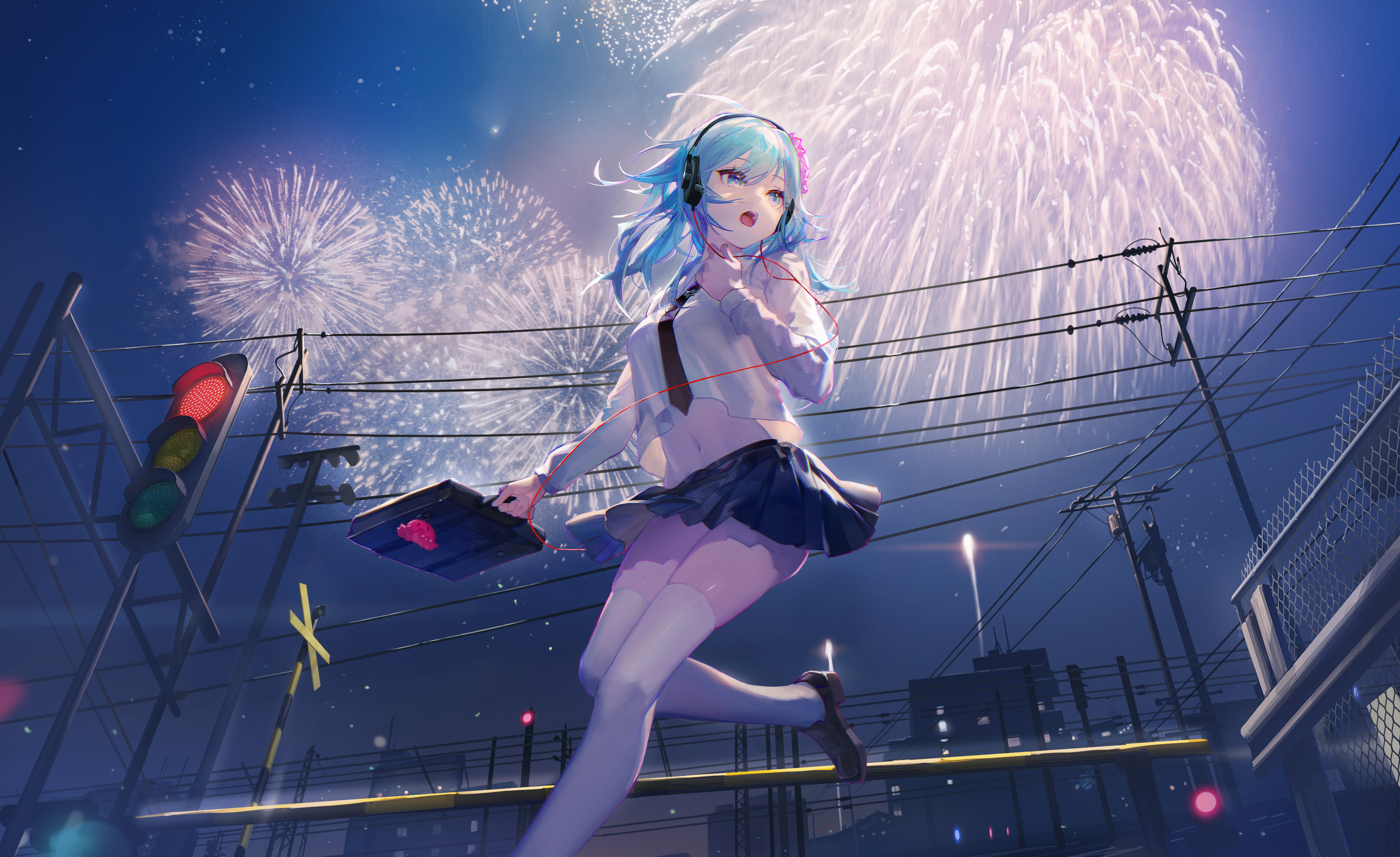 Anime Anime Girls Headphones Fireworks Blue Hair Blue Eyes Schoolgirl School Uniform Skirt Tie Looki 3508x2148