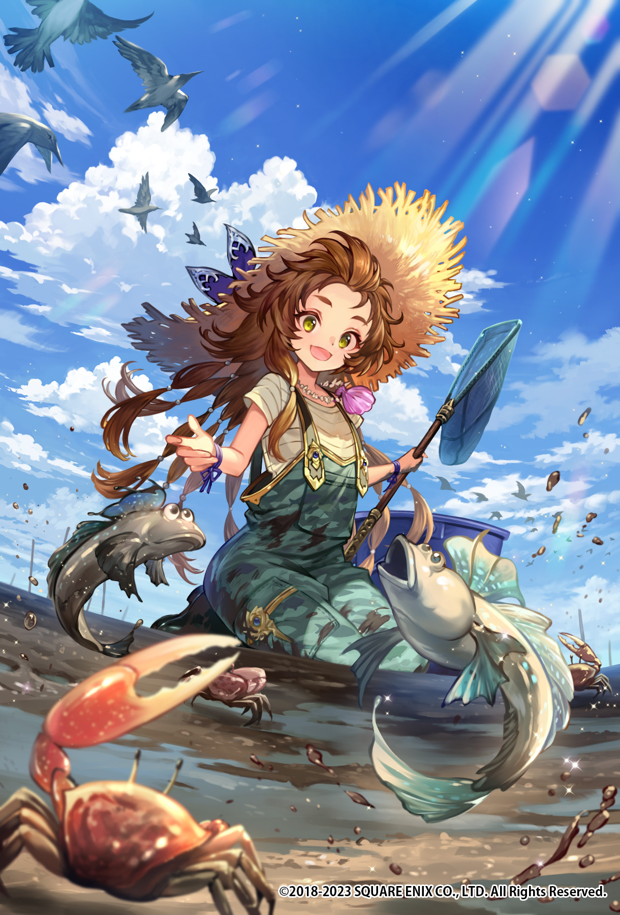 Anime Girls Portrait Display Square Enix Mud Looking Below Animals Fish Crabs Sky Clouds Birds Water 1220x1800