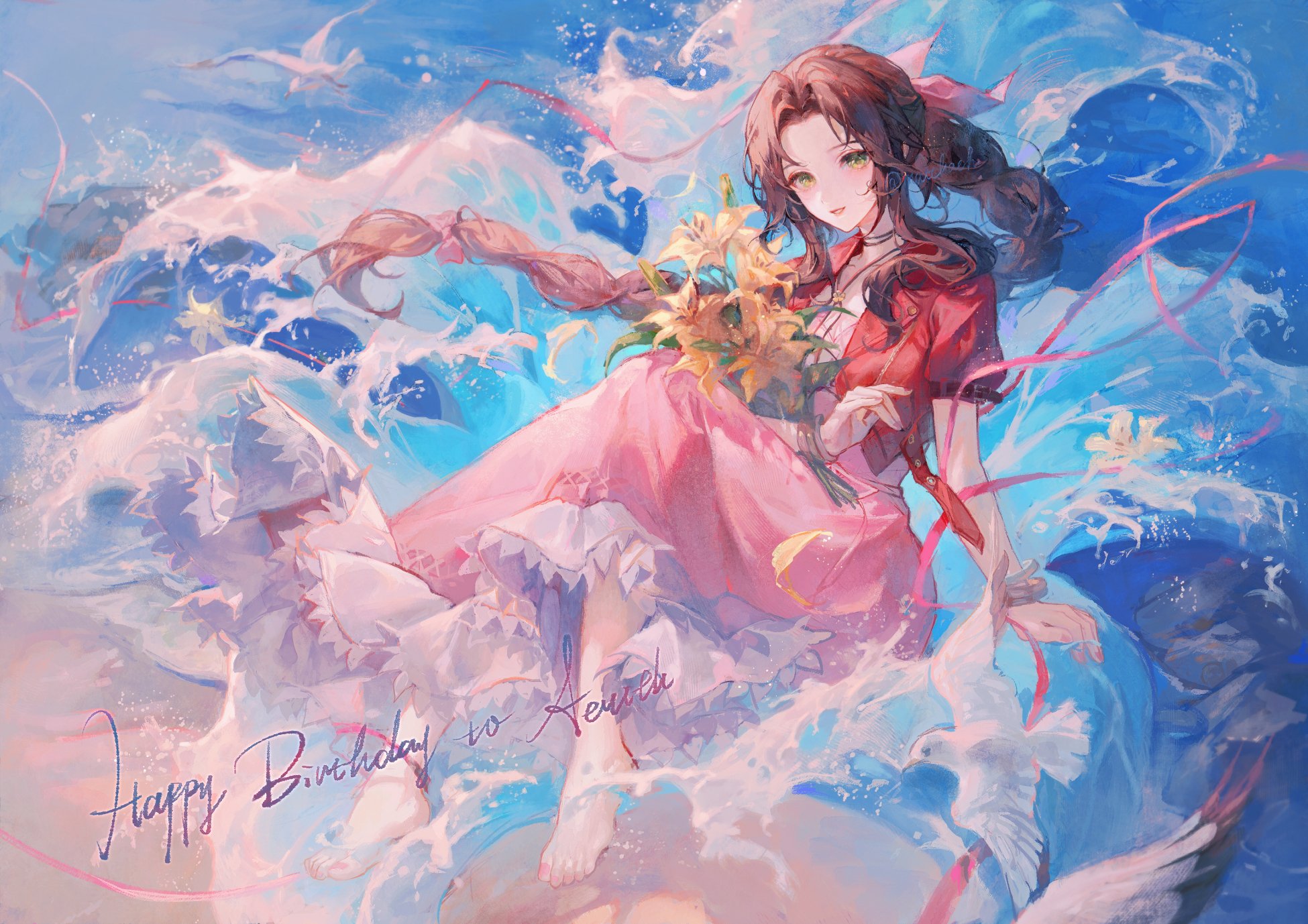 Anime Girls Final Fantasy Video Game Characters Aerith Gainsborough Water Waves Barefoot Birds Flowe 1950x1378