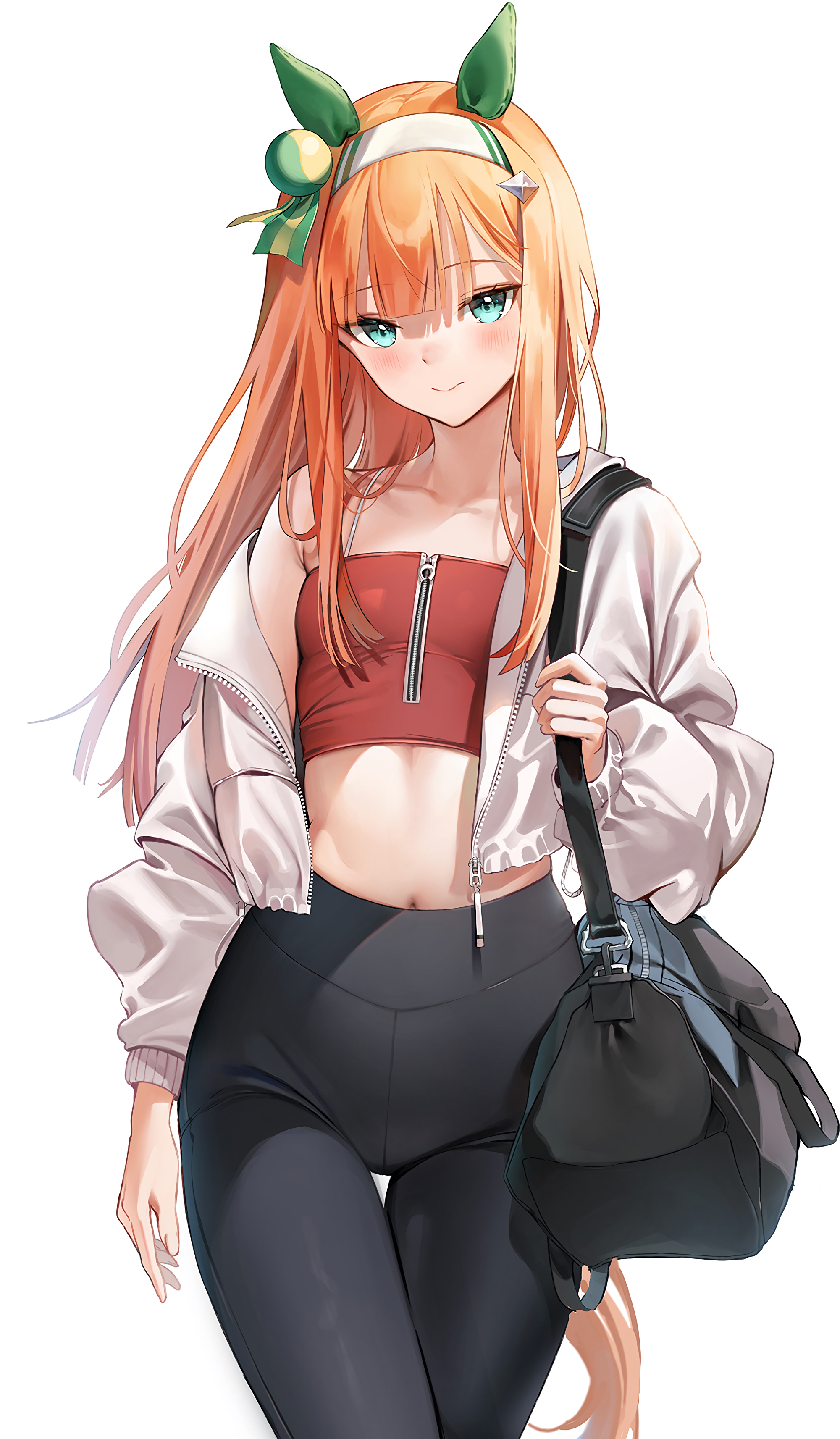Anime Anime Girls Redhead Women Aqua Eyes Smiling Red Tops Zipper Long Hair Bag White Background Sim 2000x3426