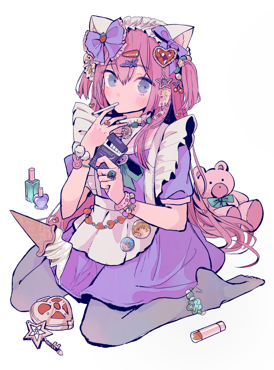 2D Anime Girls Cigarettes Smoking Vertical Maid Maid Outfit Teddy Bears Perfume Lipstick Earring Whi 1039x1403