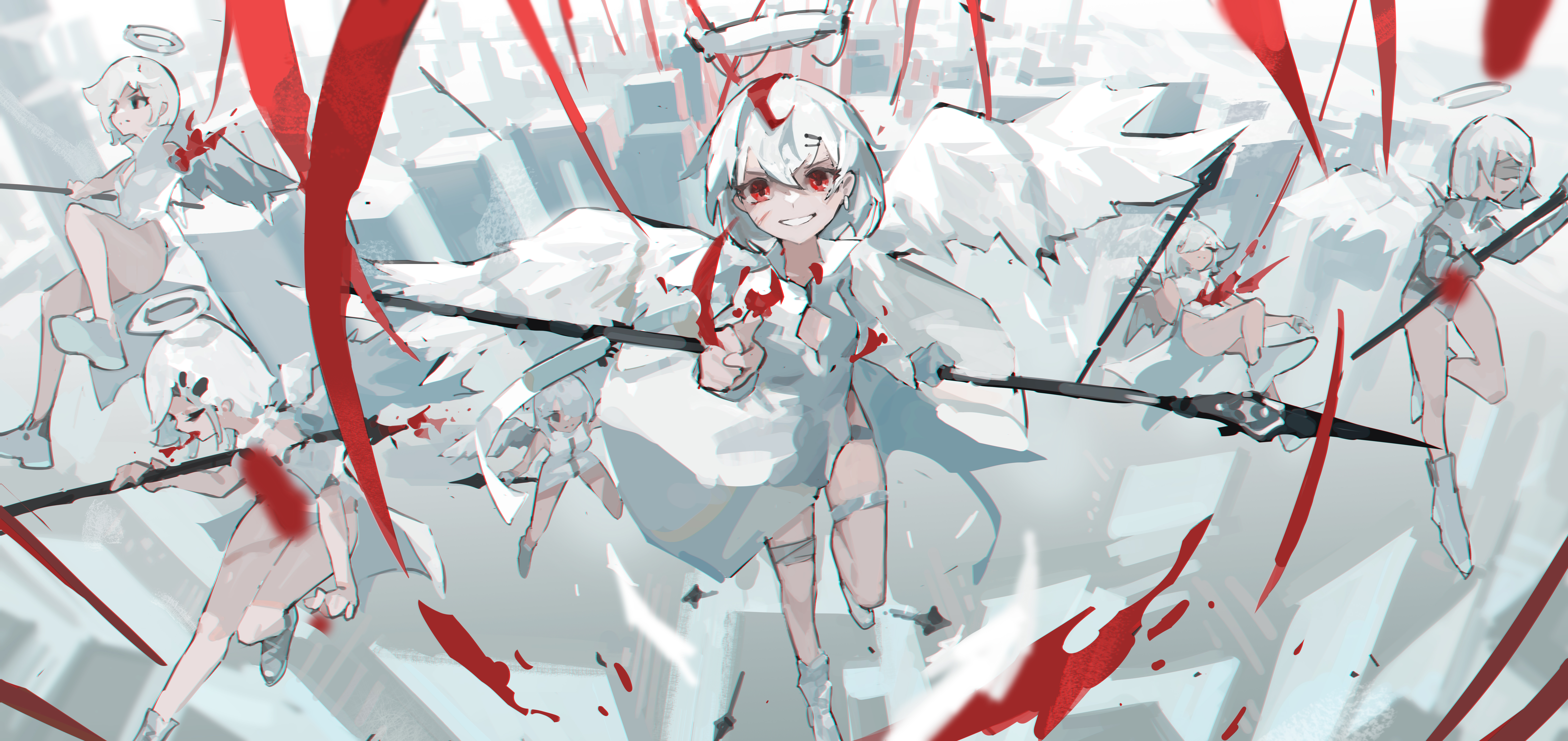 Artwork Looking At Viewer Anime Girls Red Eyes Nimbus Wings Lance Weapon Angel 8000x3779